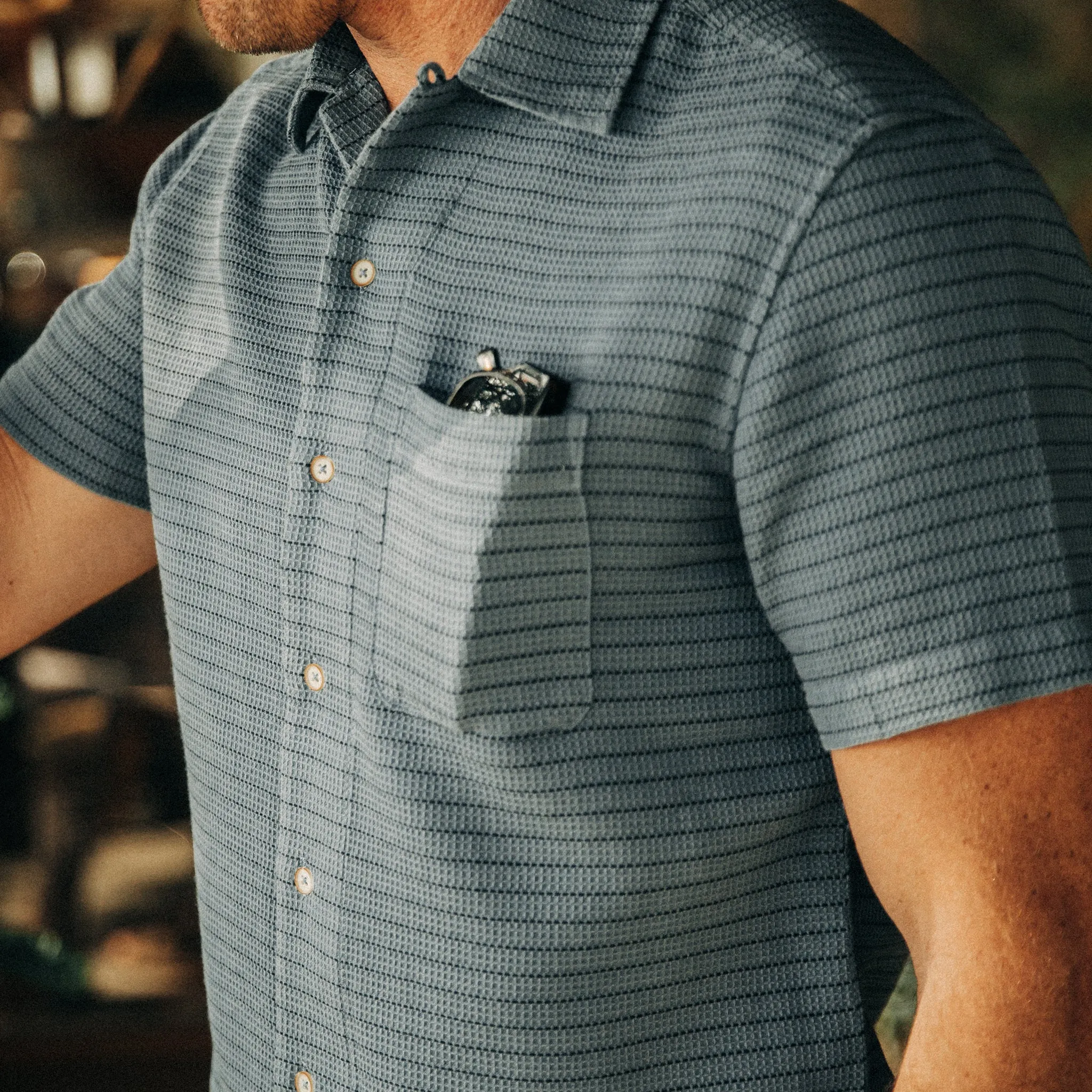 The Short Sleeve Hawthorne in Ocean Pickstitch Waffle sold by Taylor Stitch product image thumbnail 3