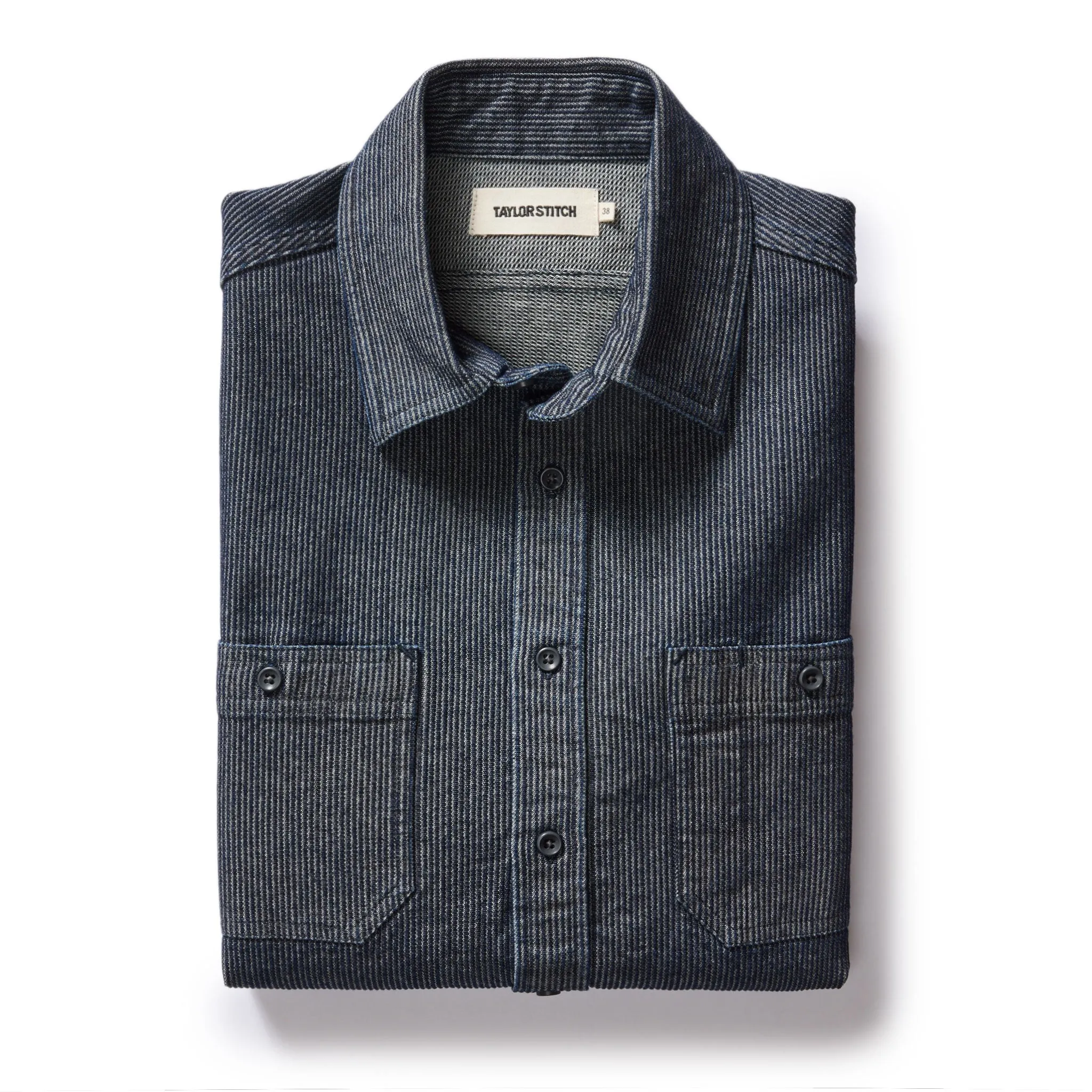 The Utility Shirt in Rinsed Indigo Stripe sold by Taylor Stitch