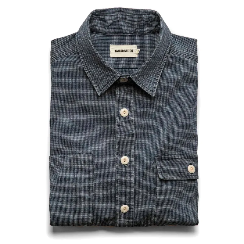 The Moto Utility Shirt in Indigo Pindot sold by Taylor Stitch