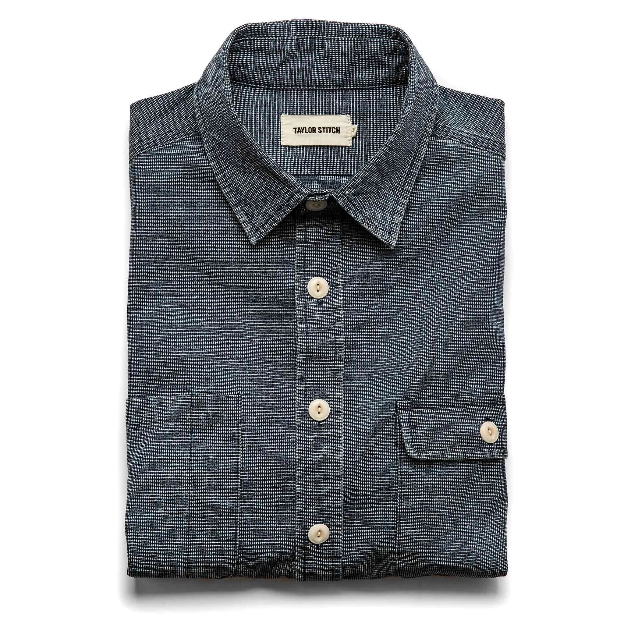 The Moto Utility Shirt in Indigo Pindot sold by Taylor Stitch