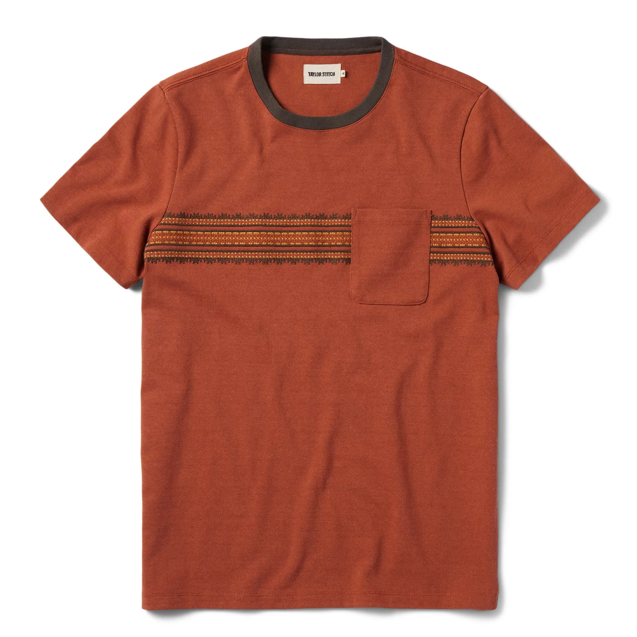 The Heavy Bag Tee in Dusty Rose Embroidered Stripe sold by Taylor Stitch