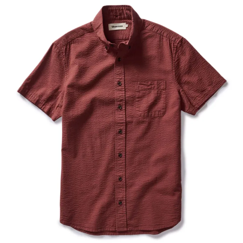 The Short Sleeve Jack in Dried Cherry Seersucker sold by Taylor Stitch