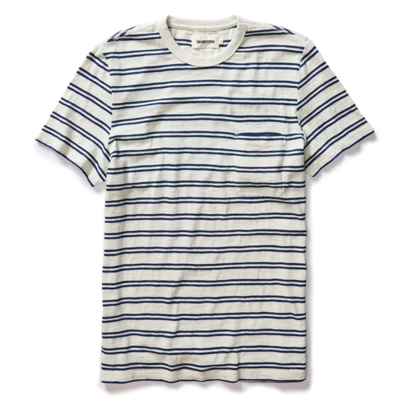 The Organic Cotton Tee in Washed Indigo Stripe sold by Taylor Stitch
