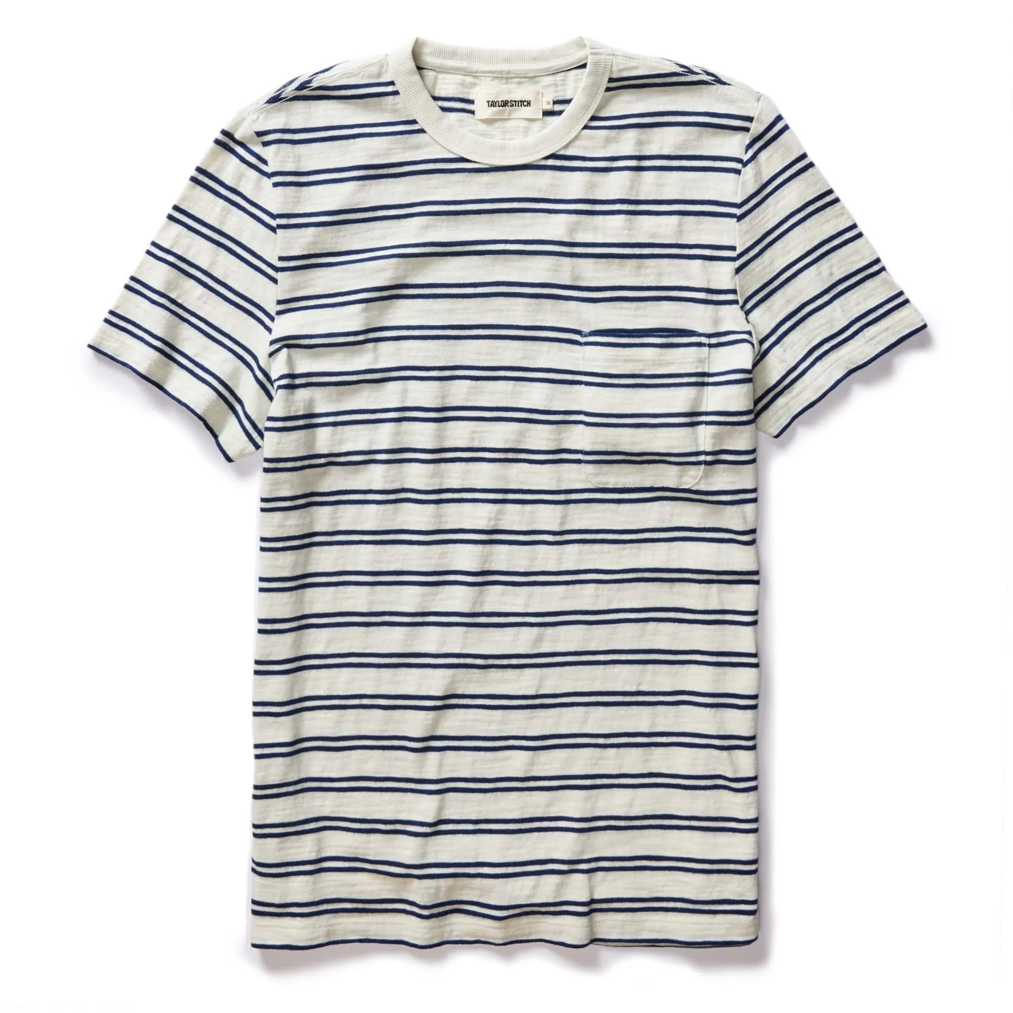 The Organic Cotton Tee in Washed Indigo Stripe sold by Taylor Stitch