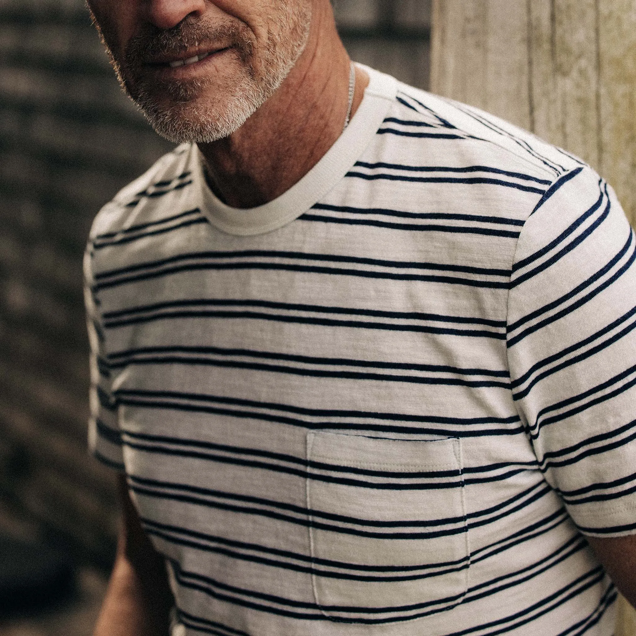 The Organic Cotton Tee in Washed Indigo Stripe sold by Taylor Stitch product image thumbnail 3