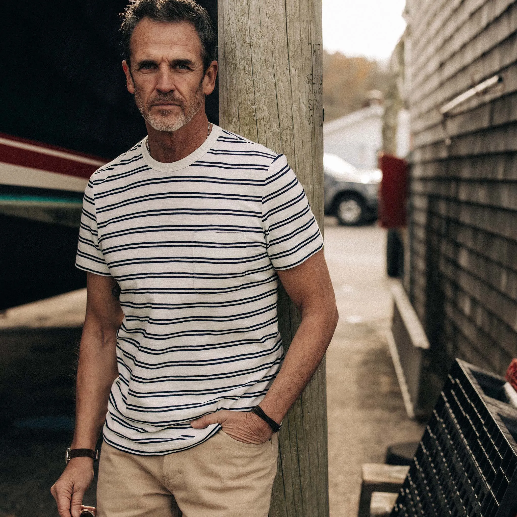 The Organic Cotton Tee in Washed Indigo Stripe sold by Taylor Stitch product image thumbnail 2
