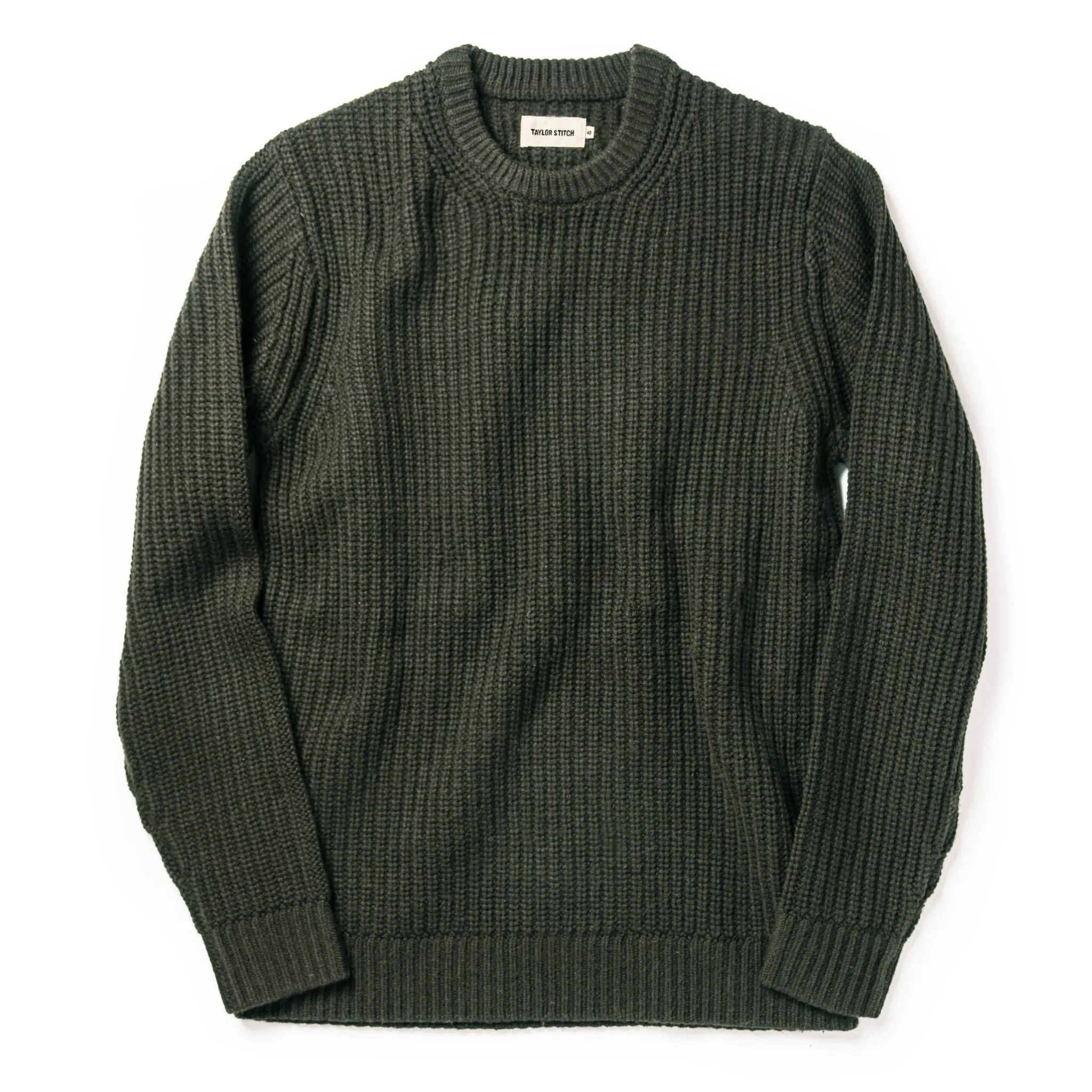 The Wharf Sweater in Dark Olive sold by Taylor Stitch