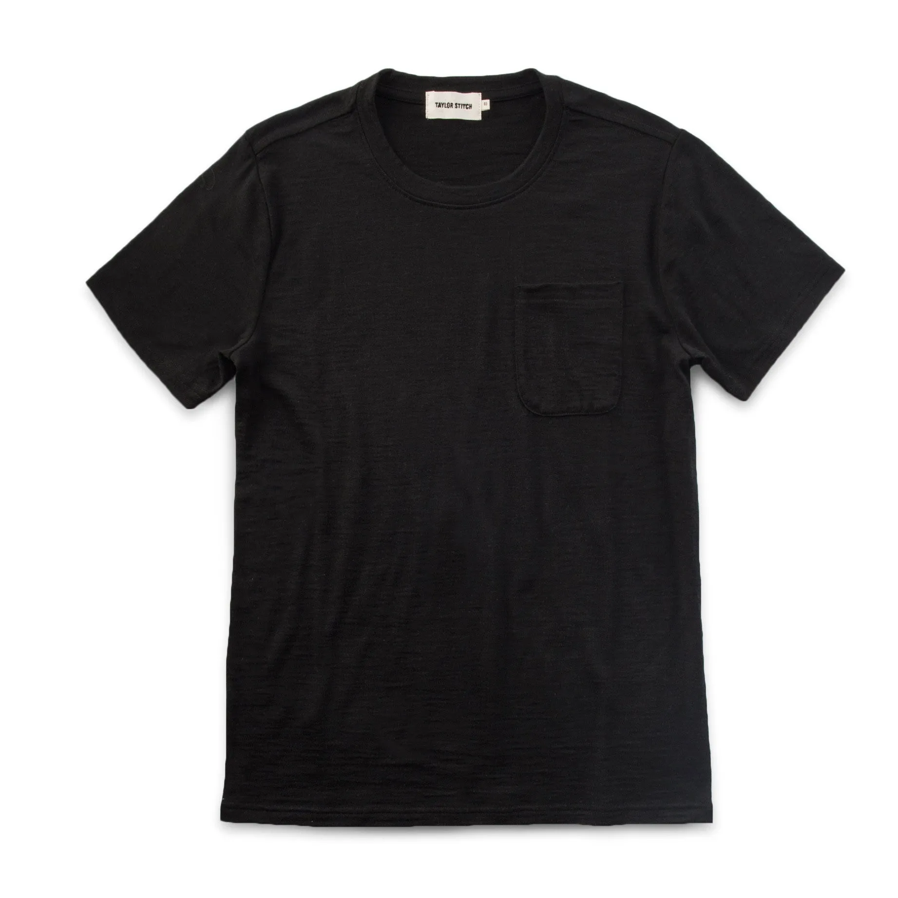 The Crewneck Pocket Tee in Black Merino sold by Taylor Stitch