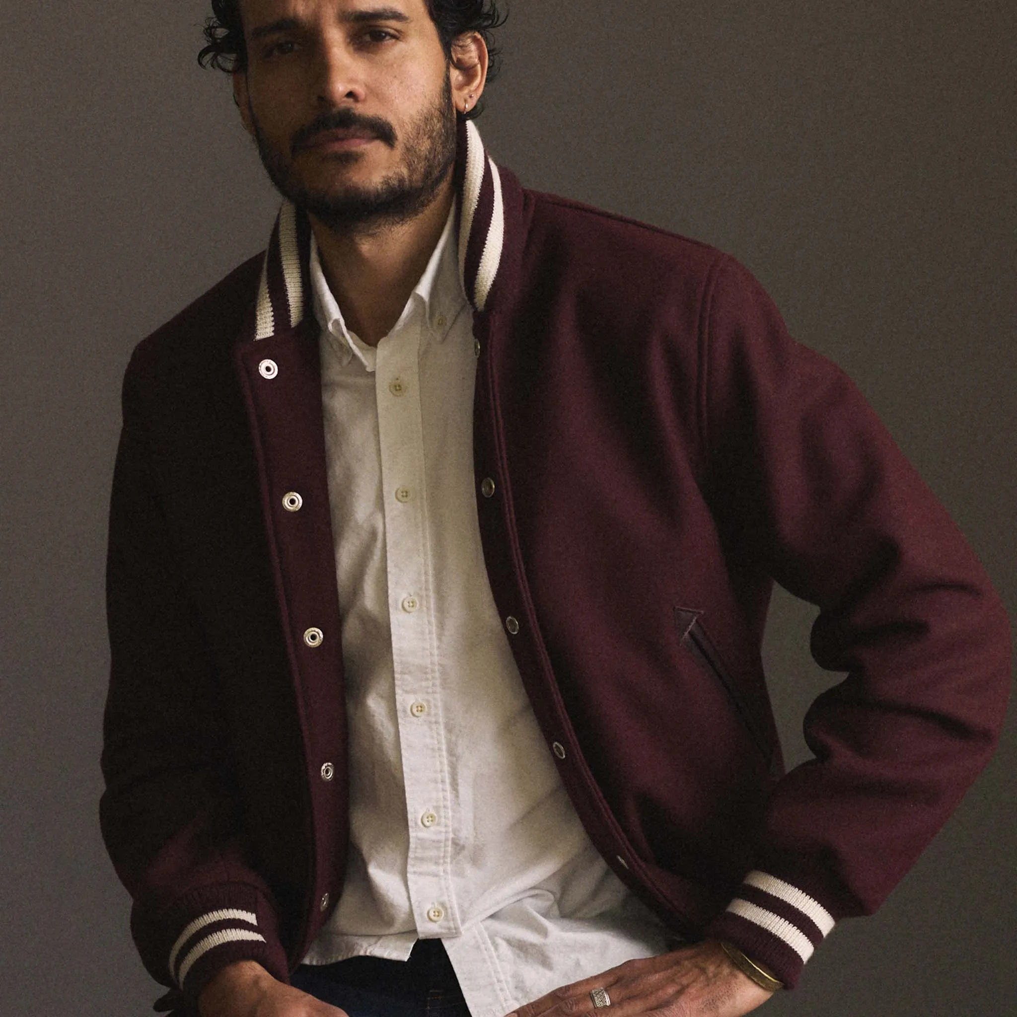 The Golden Bear Snap Bomber in Port Wool sold by Taylor Stitch product image thumbnail 3