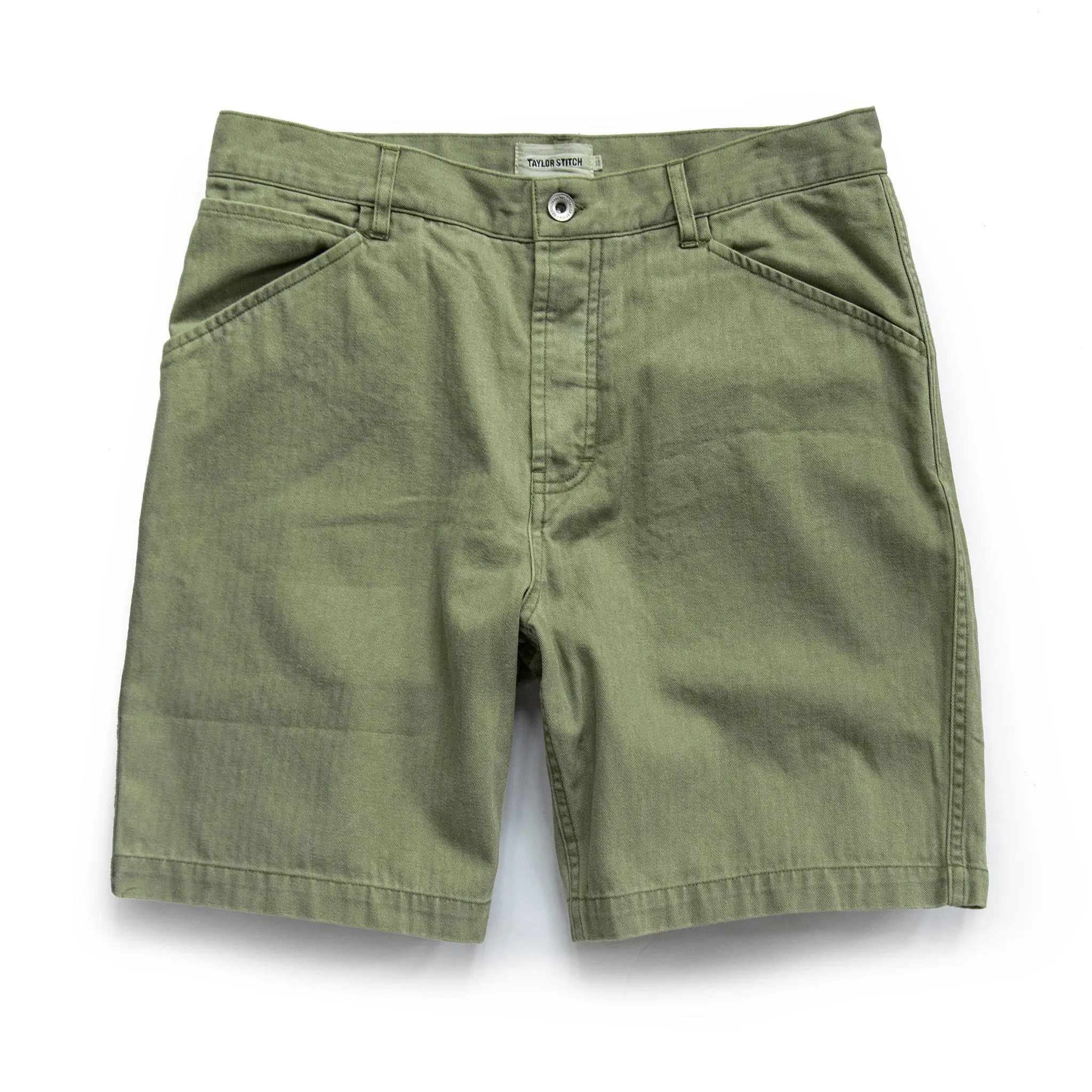 The Camp Short in Olive Herringbone sold by Taylor Stitch