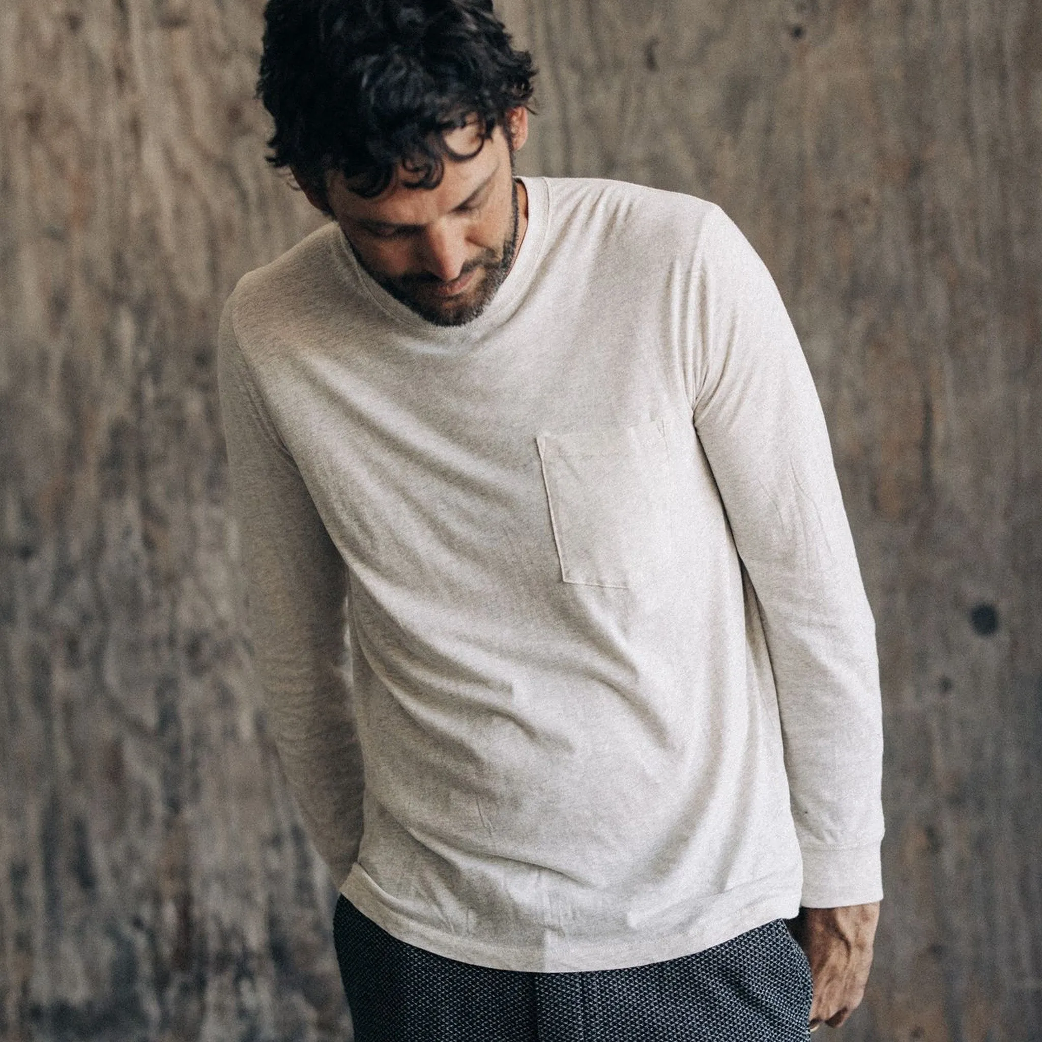 The Cotton Hemp Long Sleeve Tee in Heather Oat sold by Taylor Stitch product image thumbnail 3