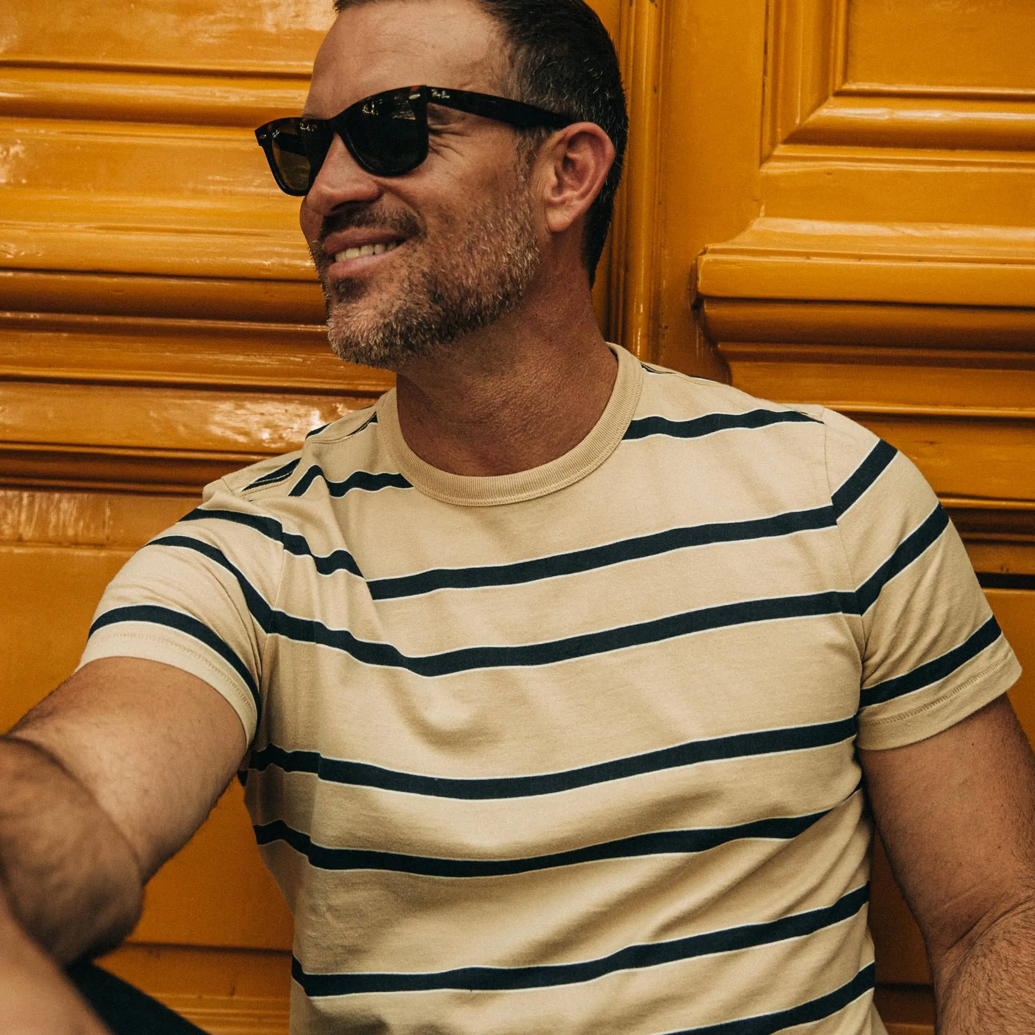 The Organic Cotton Tee in Khaki Stripe sold by Taylor Stitch product image thumbnail 4