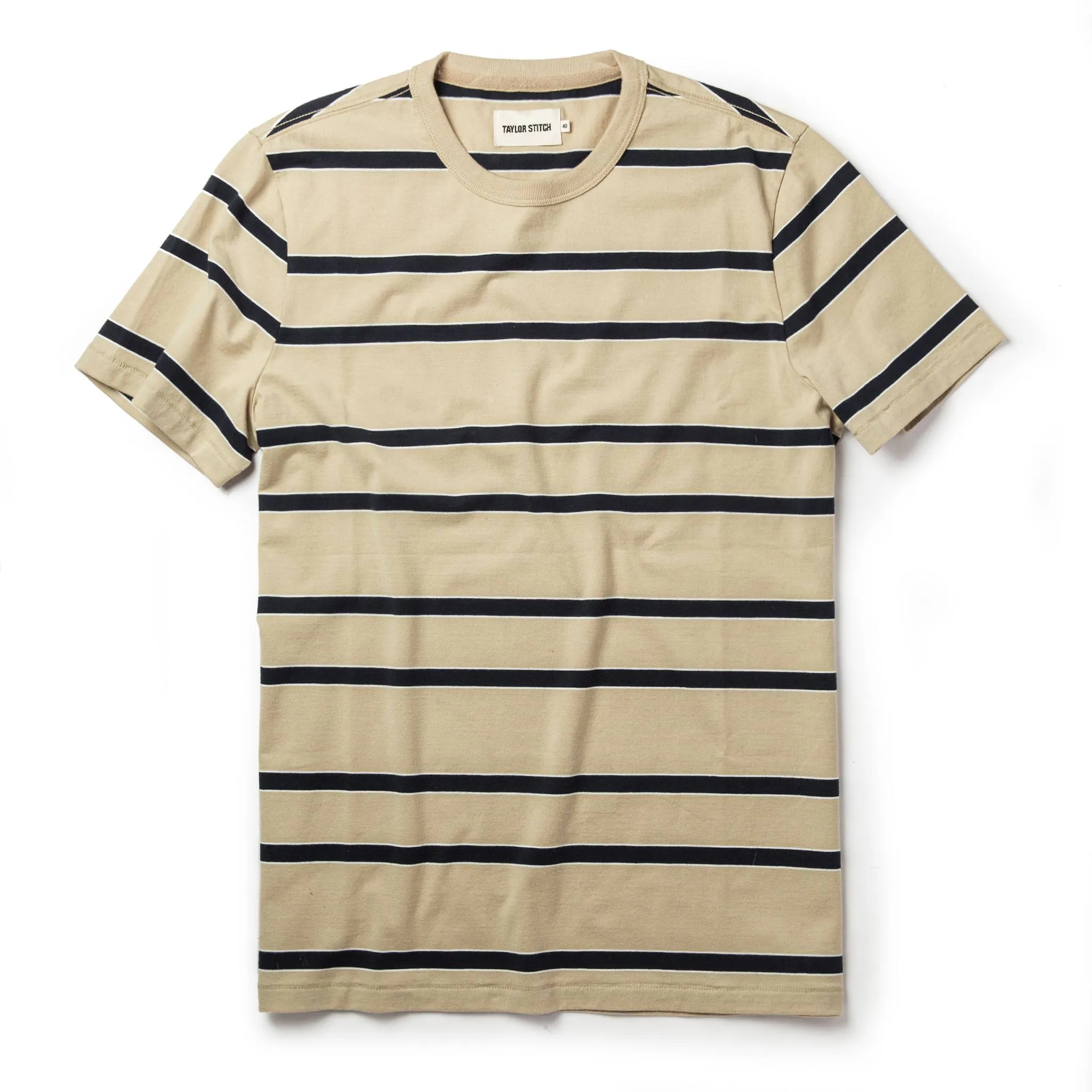 The Organic Cotton Tee in Khaki Stripe sold by Taylor Stitch