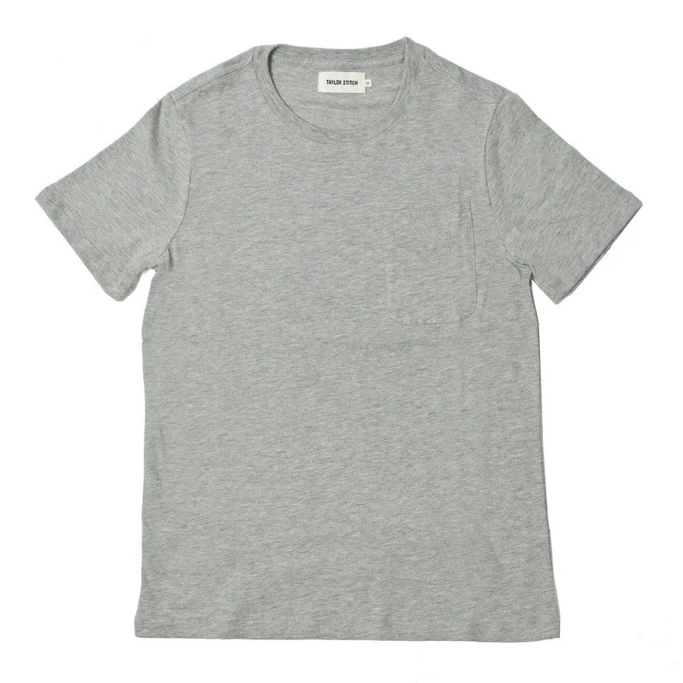 The Crewneck Pocket Tee in Heather Grey sold by Taylor Stitch