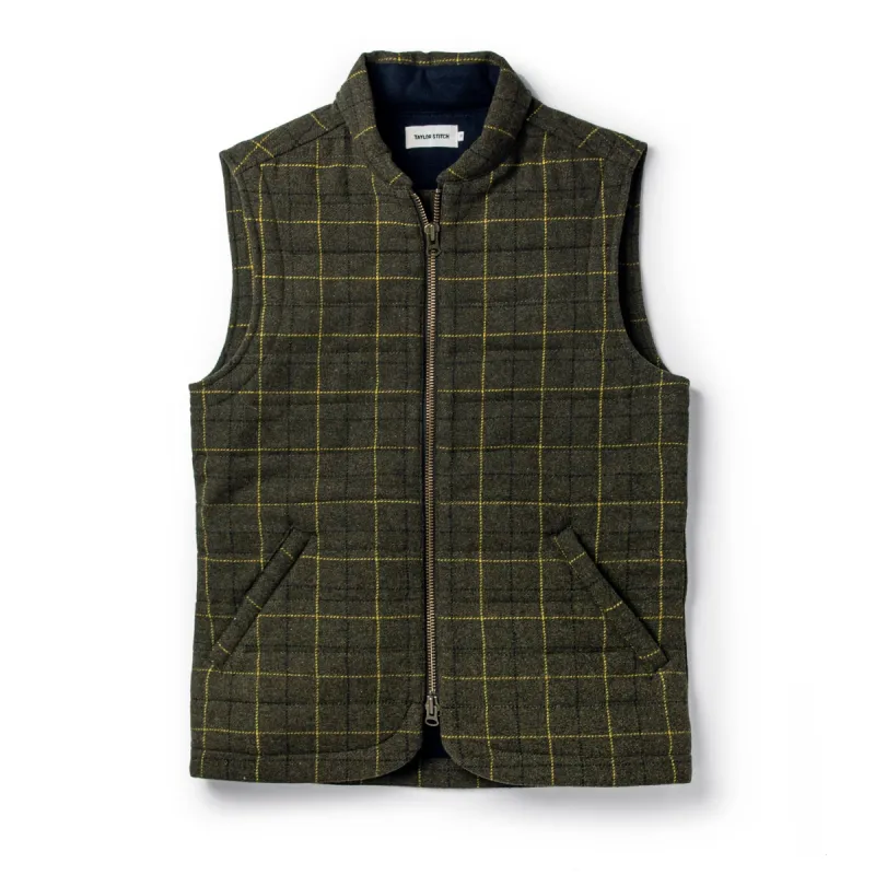 The Vertical Vest in Olive Plaid Wool sold by Taylor Stitch