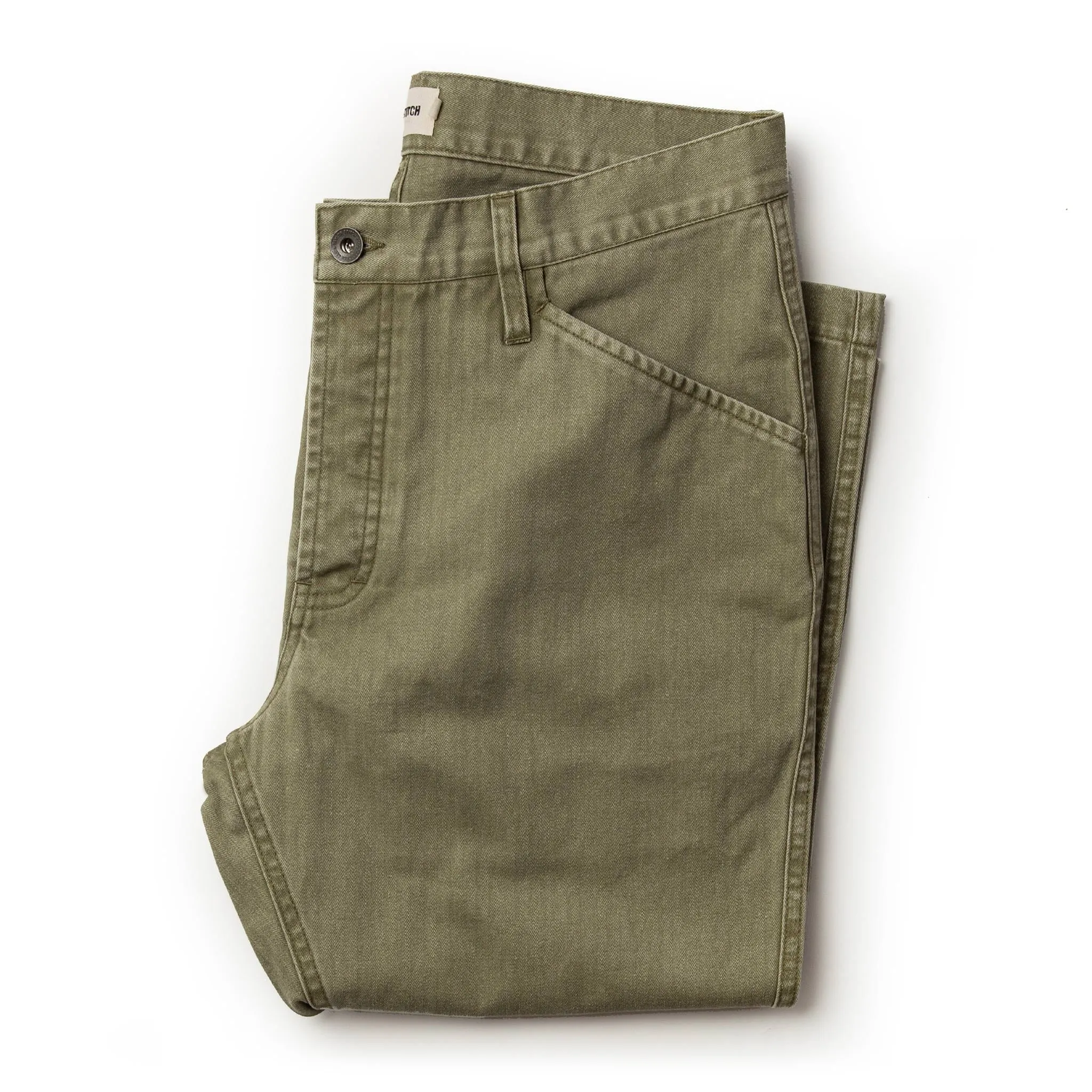 The Camp Pant in Olive Herringbone sold by Taylor Stitch
