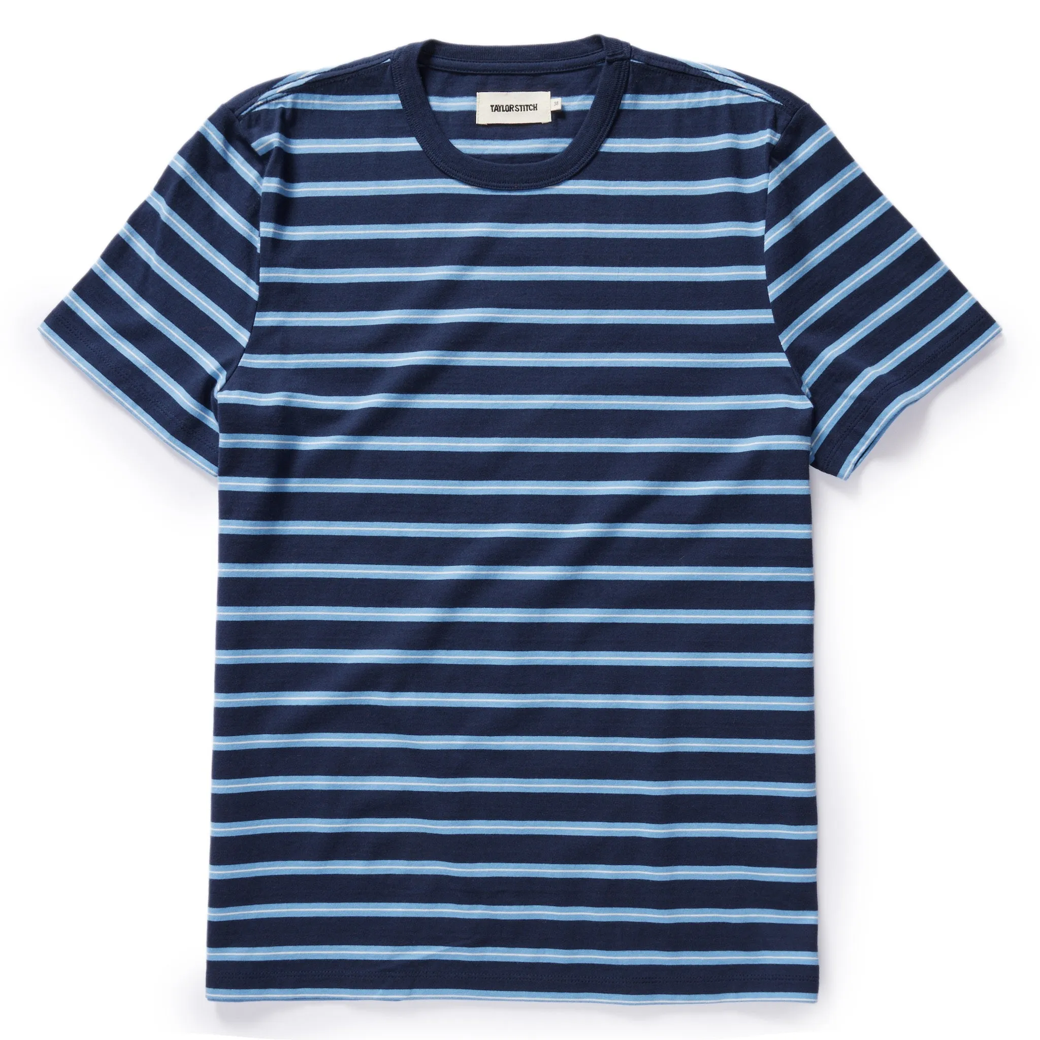 The Organic Cotton Tee in Navy Stripe sold by Taylor Stitch