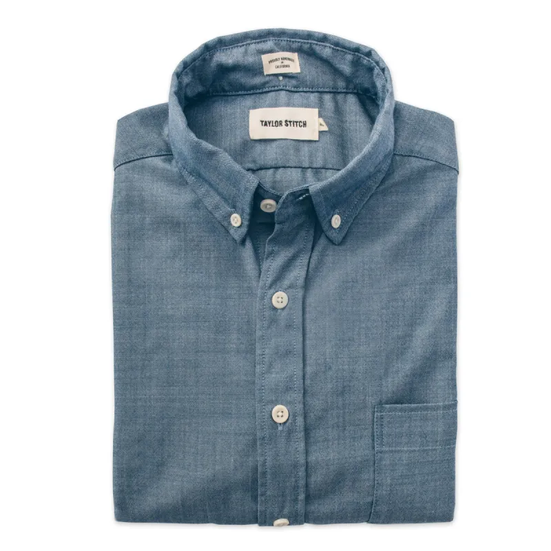 The Short Sleeve Jack in Sky Blue Chambray sold by Taylor Stitch