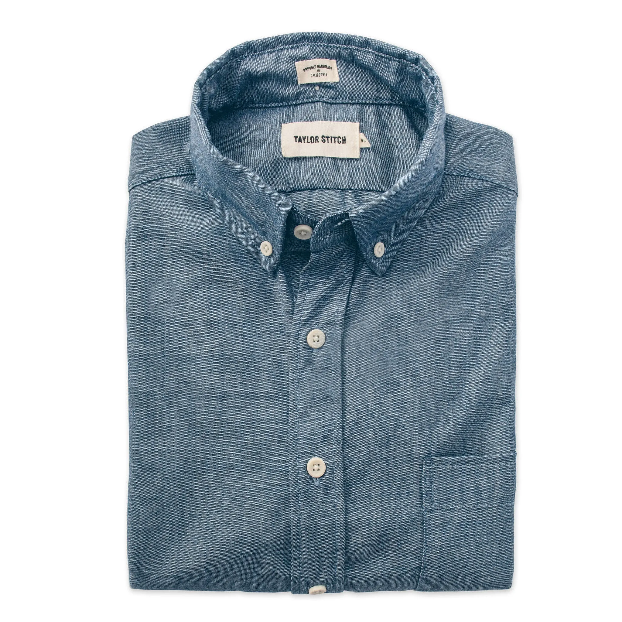 The Short Sleeve Jack in Sky Blue Chambray sold by Taylor Stitch