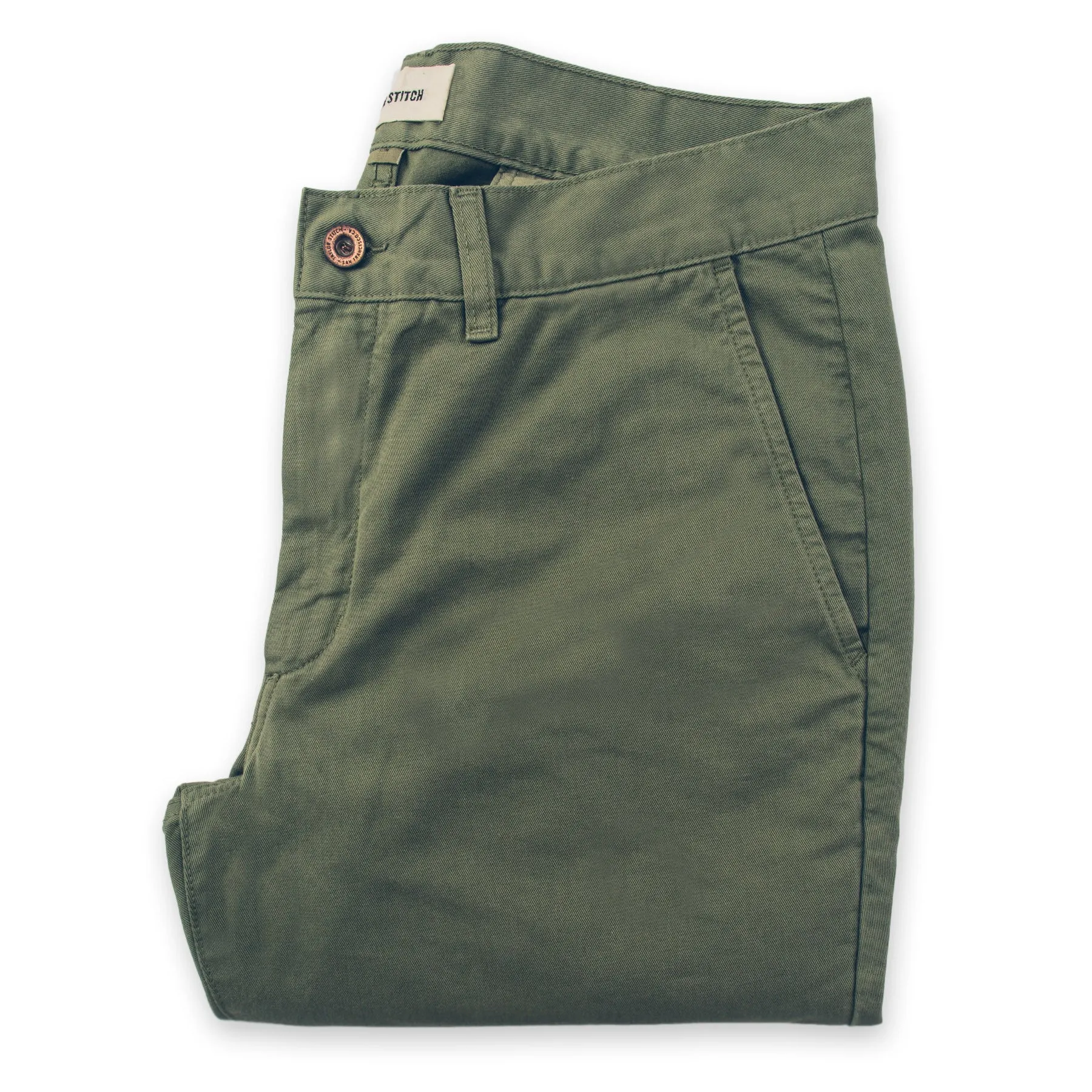 The Slim Chino in Army sold by Taylor Stitch