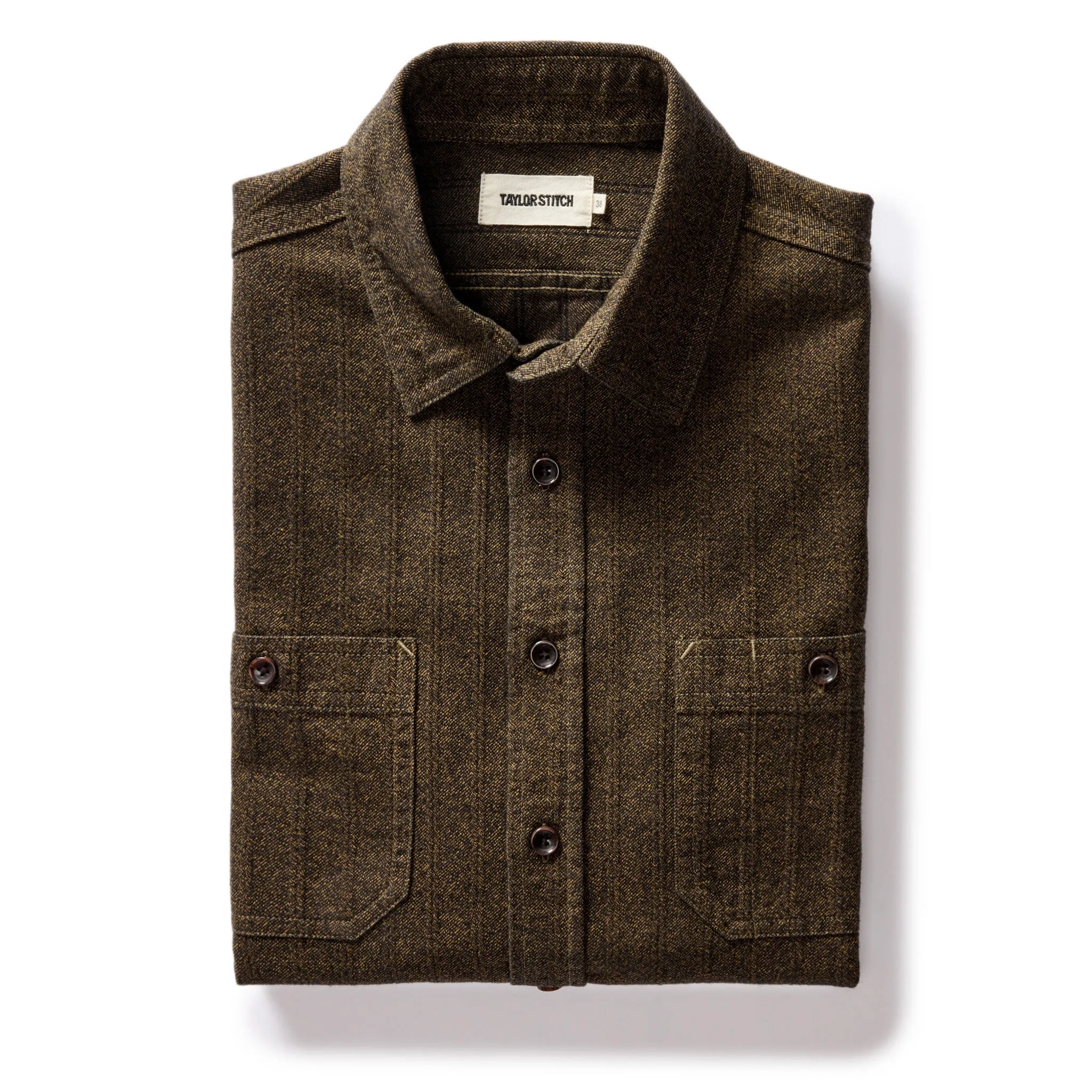 The Utility Shirt in Tarnished Brass Herringbone sold by Taylor Stitch