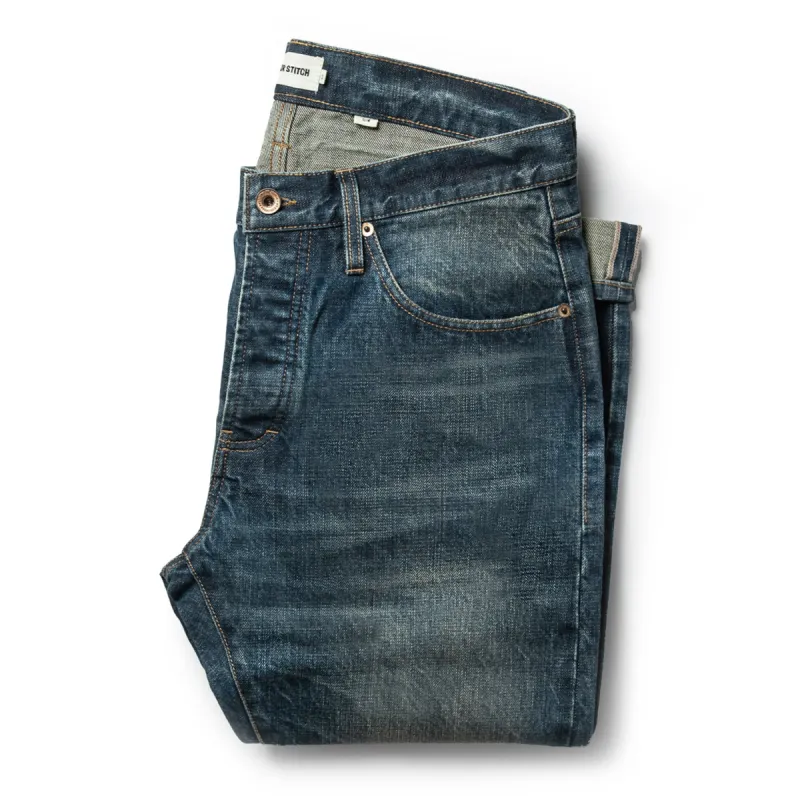 The Slim Jean in Organic Selvage 12-month Wash sold by Taylor Stitch