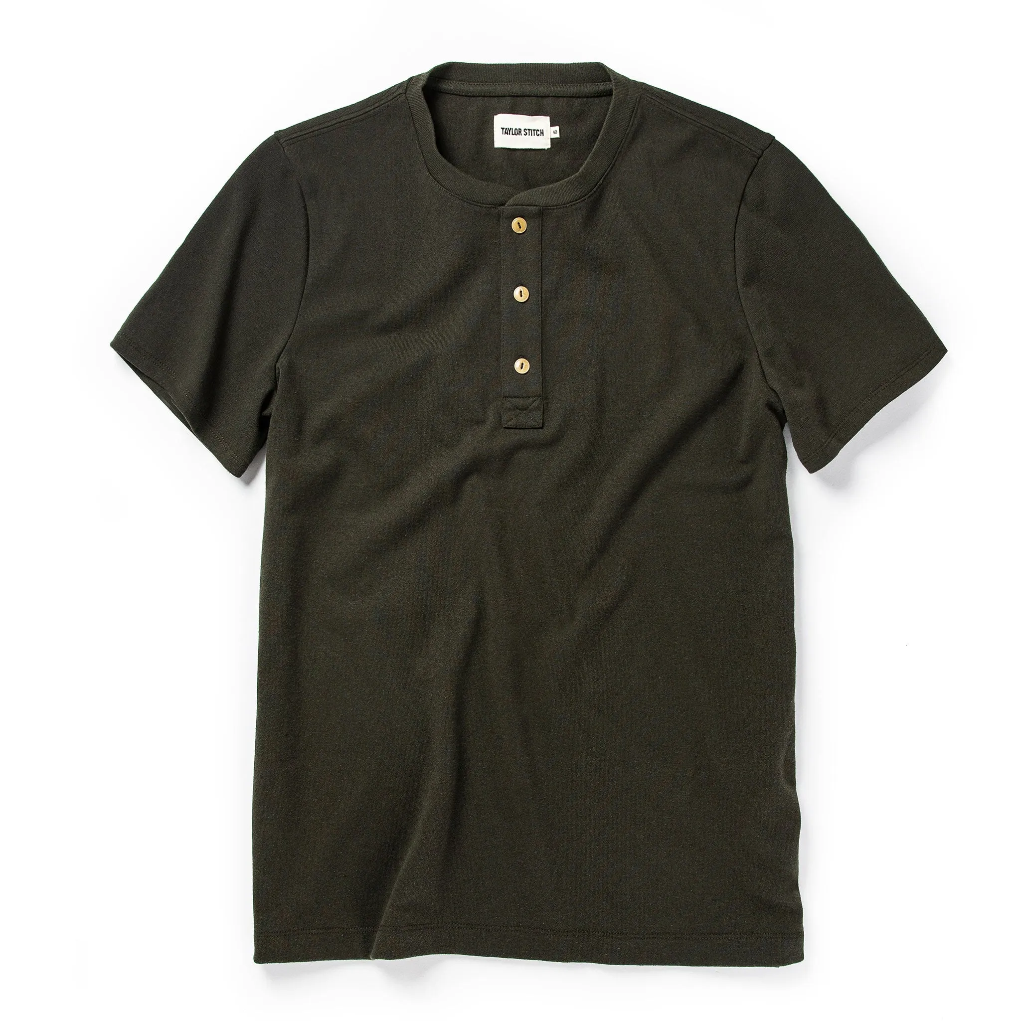 The Short Sleeve Heavy Bag Henley in Cypress sold by Taylor Stitch