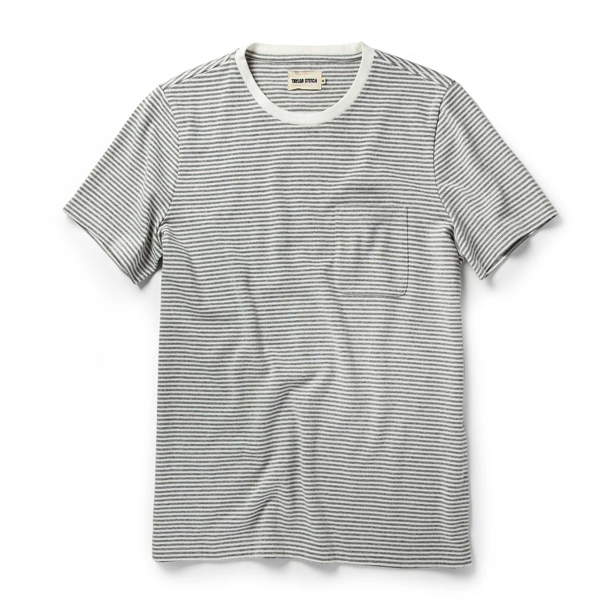 The Heavy Bag Tee in Ash Stripe sold by Taylor Stitch