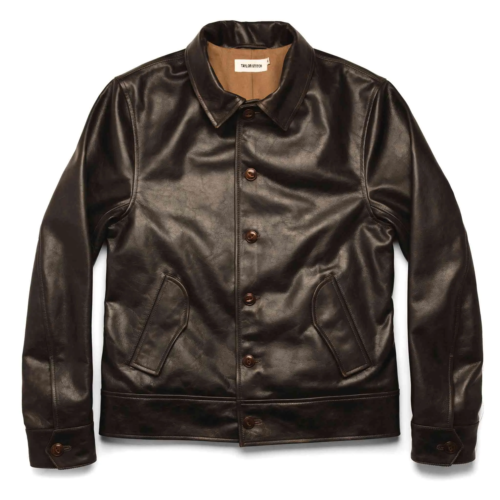 The Cuyama Jacket in Cola Leather sold by Taylor Stitch