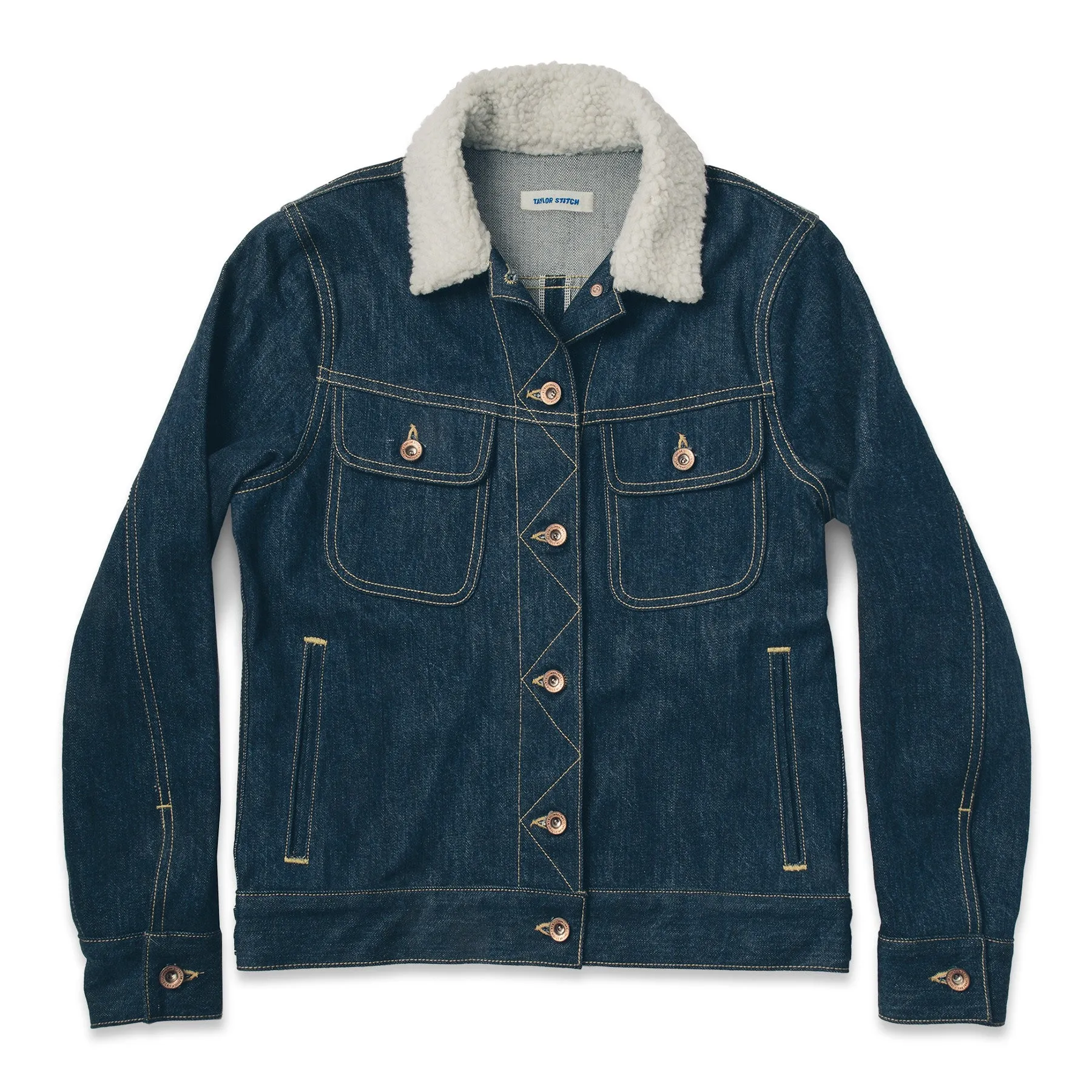 The Pacific Jacket in Sea Washed Selvage Denim sold by Taylor Stitch