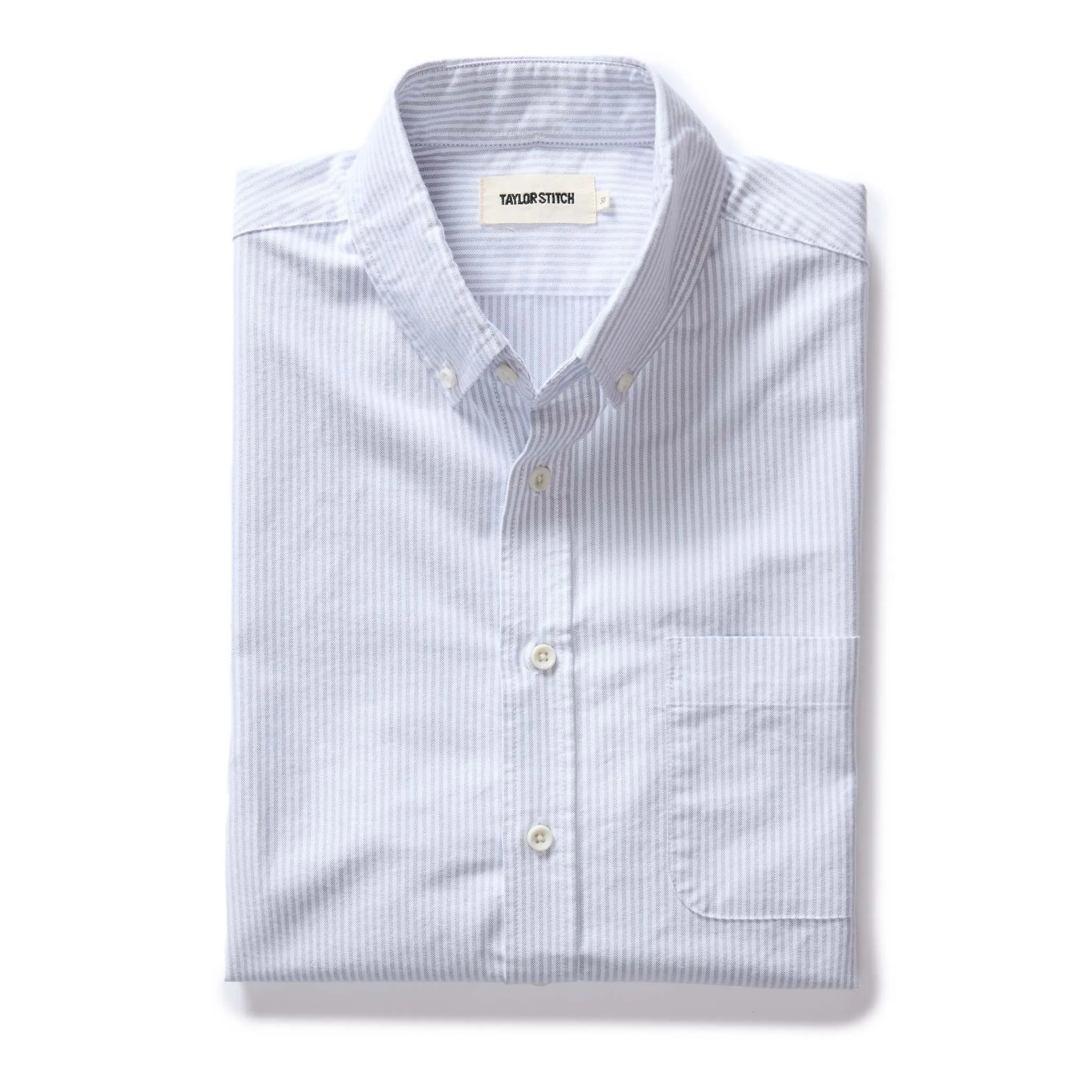 The Jack in Greystone University Stripe Oxford sold by Taylor Stitch