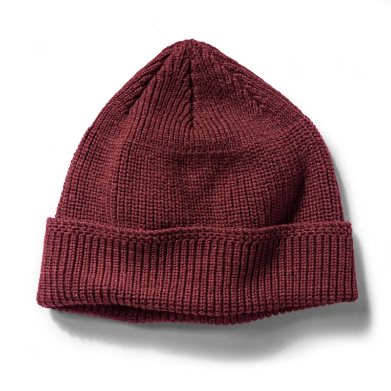 The Rib Beanie in Burgundy Heather sold by Taylor Stitch