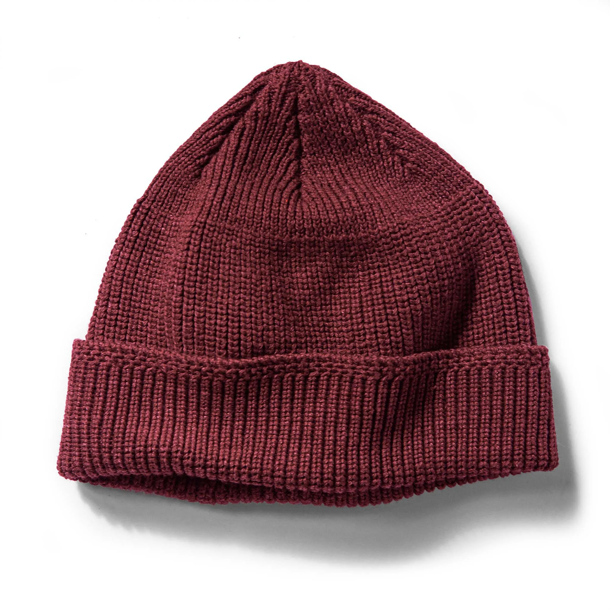 The Rib Beanie in Burgundy Heather sold by Taylor Stitch