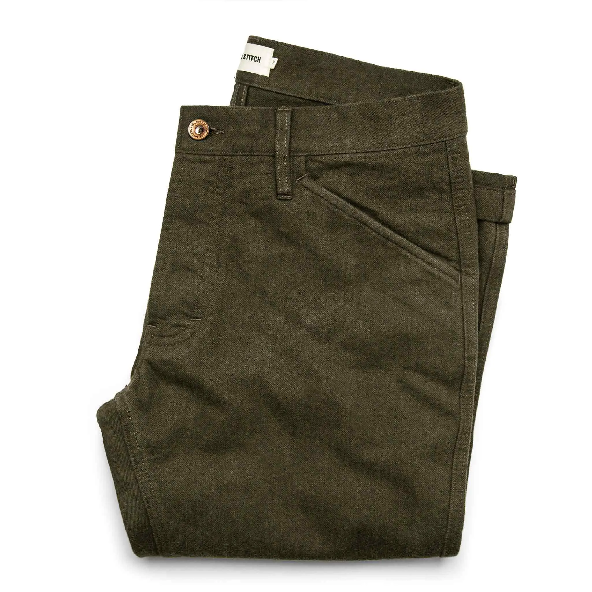The Camp Pant in Heather Olive Twill sold by Taylor Stitch