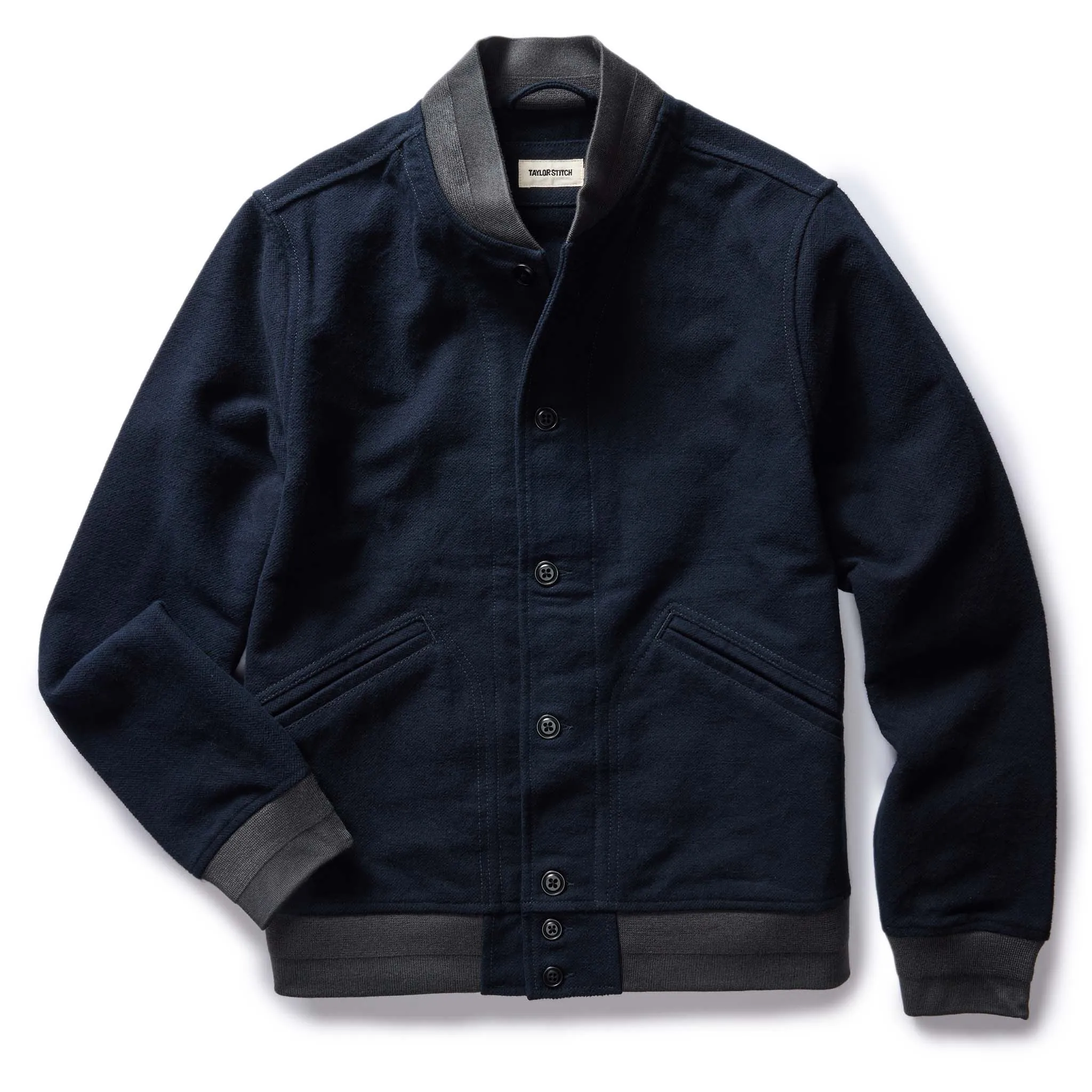 The Bomber Jacket in Dark Navy Moleskin sold by Taylor Stitch