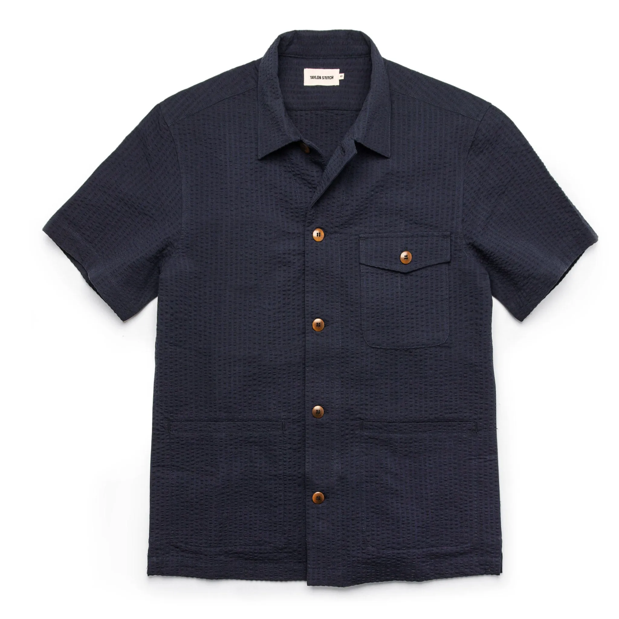The Caravan Shirt in Navy Seersucker sold by Taylor Stitch