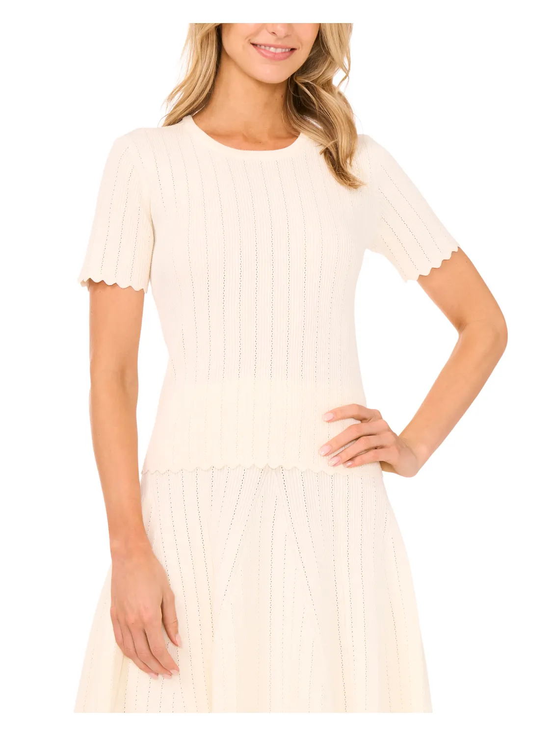 SHORT SLEEVE POINTELLE & RIB TOP | IVORY sold by Ted Baker