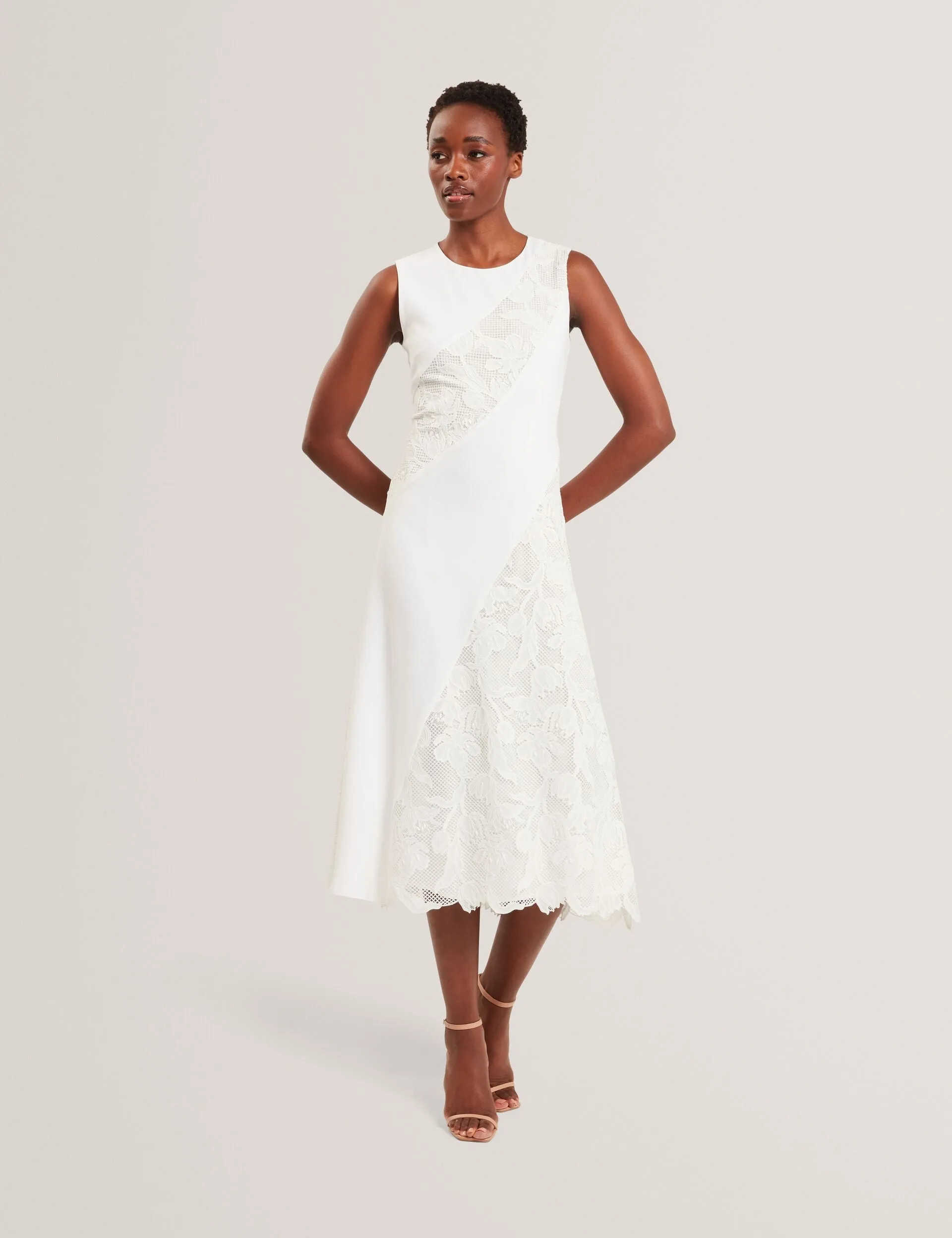 SLEEVELESS LACE APPLIQUE MIDI DRESS | ULTRA WHITE sold by Ted Baker