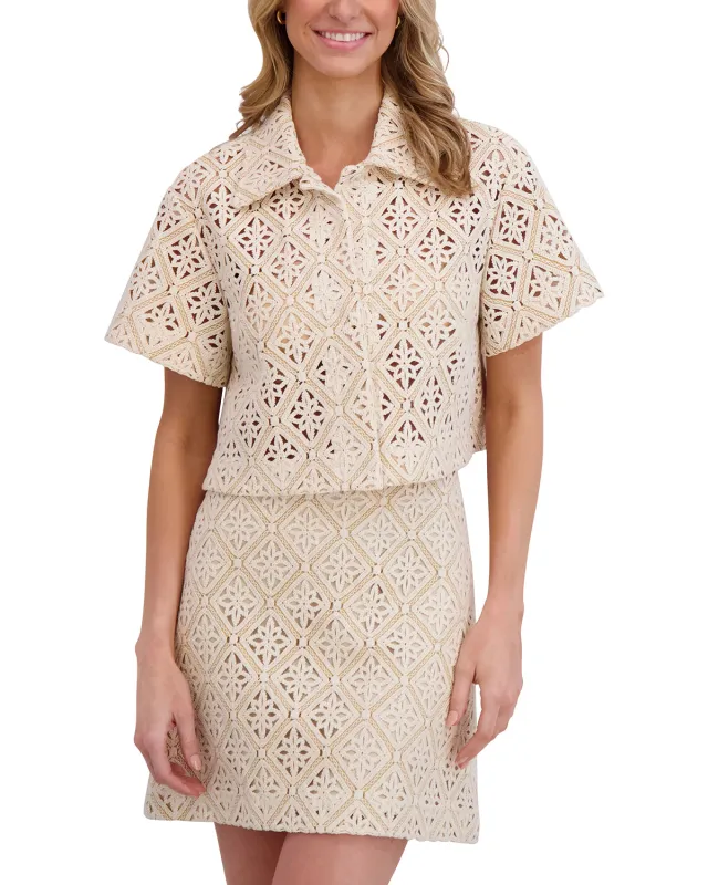 CROPPED SHORT SLEEVE CROCHET BLOUSE | TAUPE sold by Ted Baker