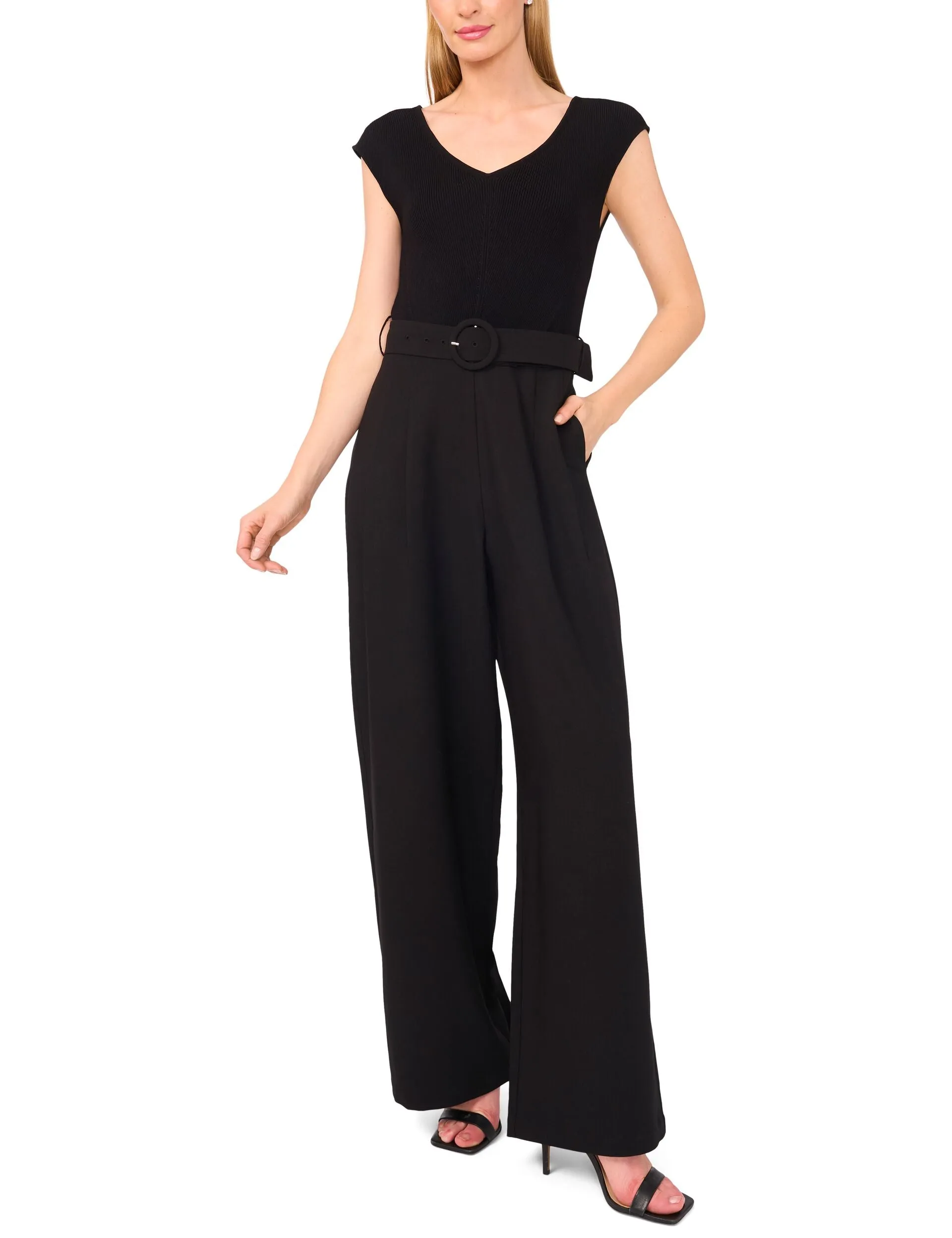 V-NECK JUMPSUIT WITH WOVEN BOTTOM | BLACK sold by Ted Baker