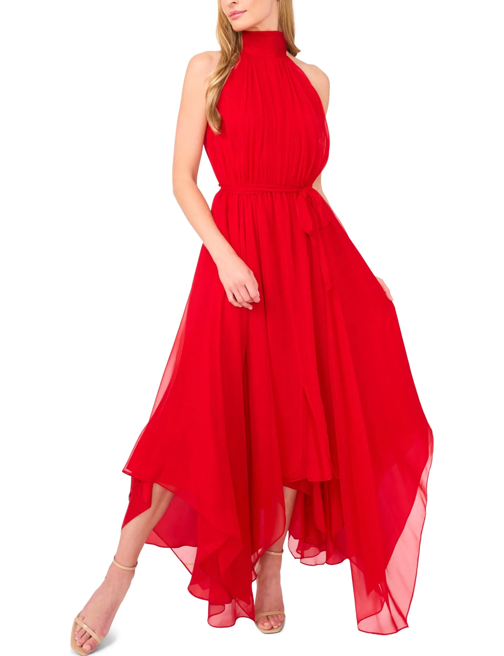 HALTER NECK HANKERCHIEF HEM MIDI DRESS | RED sold by Ted Baker