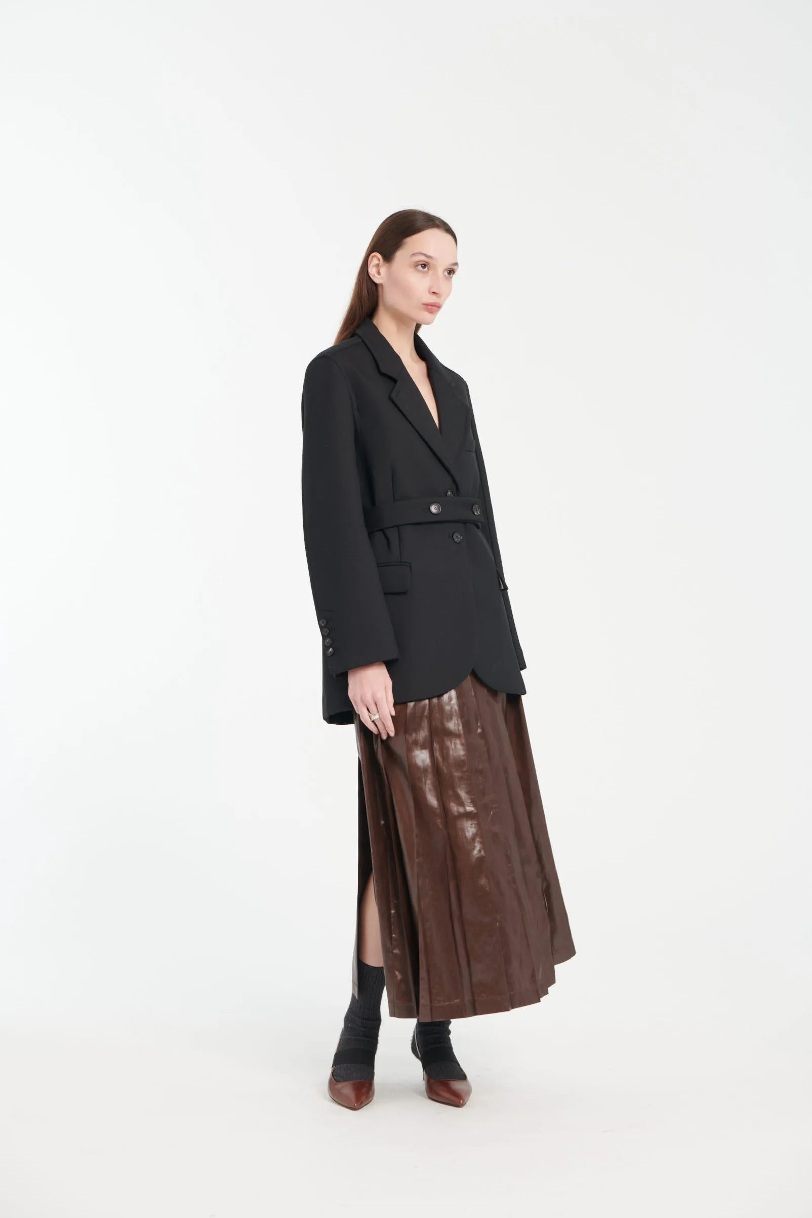 Cacao Taffeta Leather-Look Midi Skirt sold by Tela product image thumbnail 3