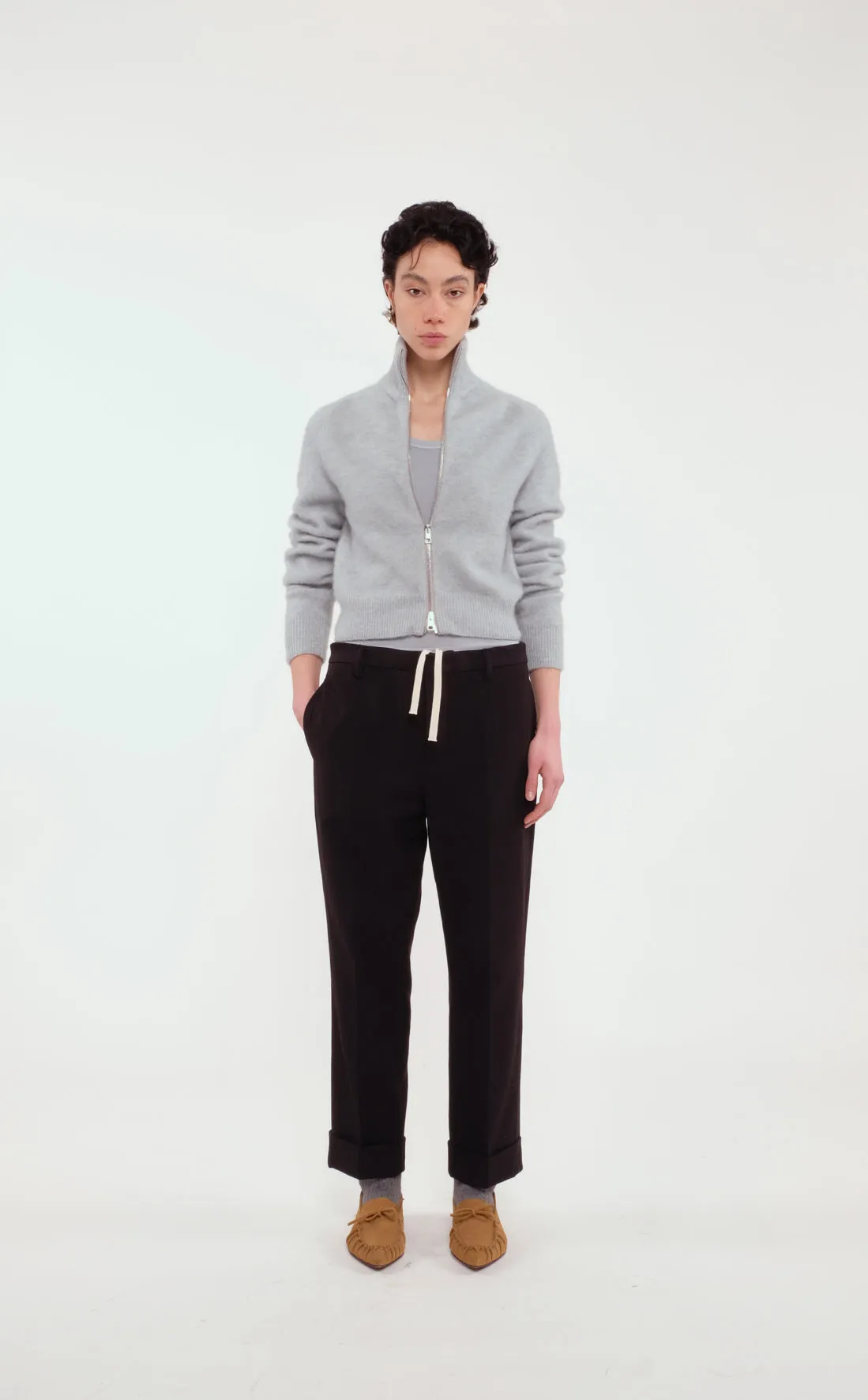 Black Straight-Leg Trousers In Japanese Twill With White Drawstring And Cuffed Hem sold by Tela product image thumbnail 3