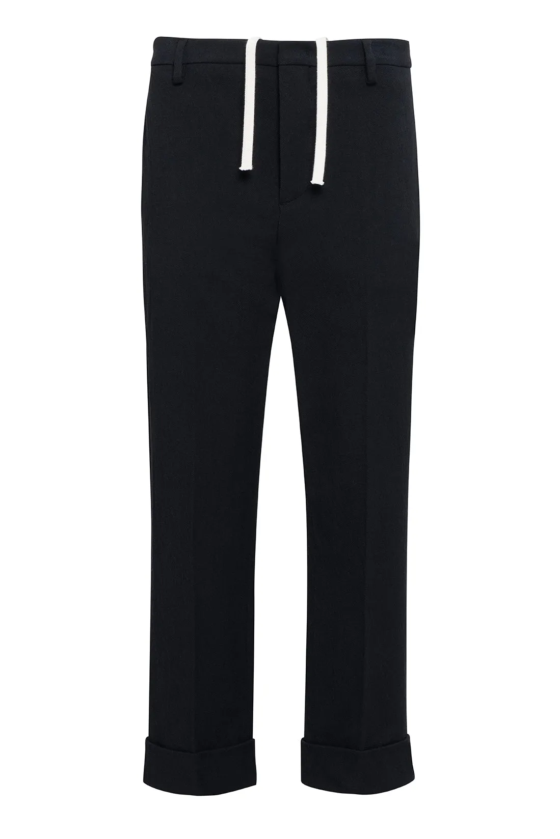 Black Straight-Leg Trousers In Japanese Twill With White Drawstring And Cuffed Hem sold by Tela
