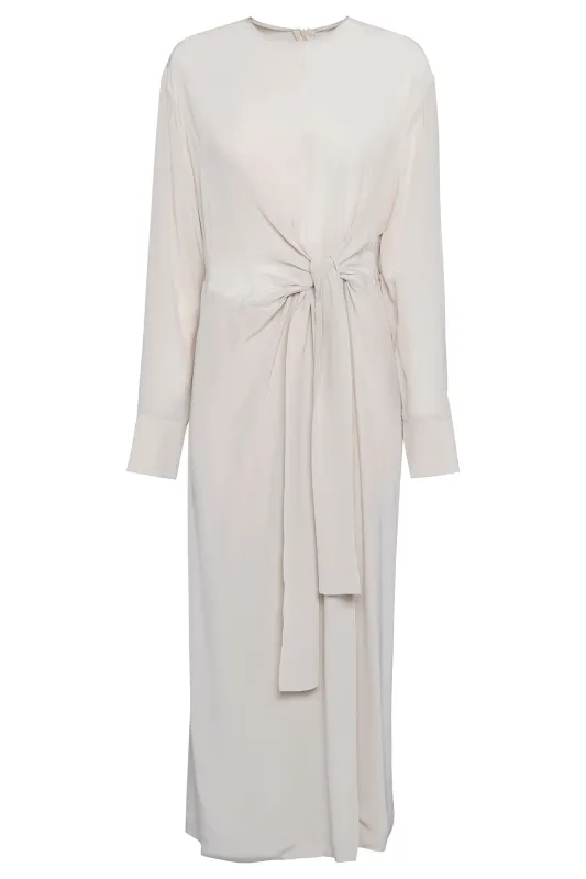 Chalk White Long-Sleeved Maxi Dress In Fluid Viscose With Front Knot sold by Tela