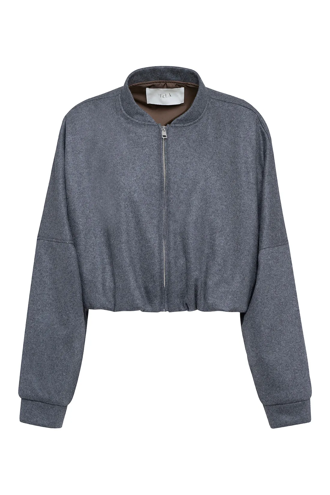 Cropped Grey Flannel Jacket With Brown Lining And Zip-Up Front sold by Tela
