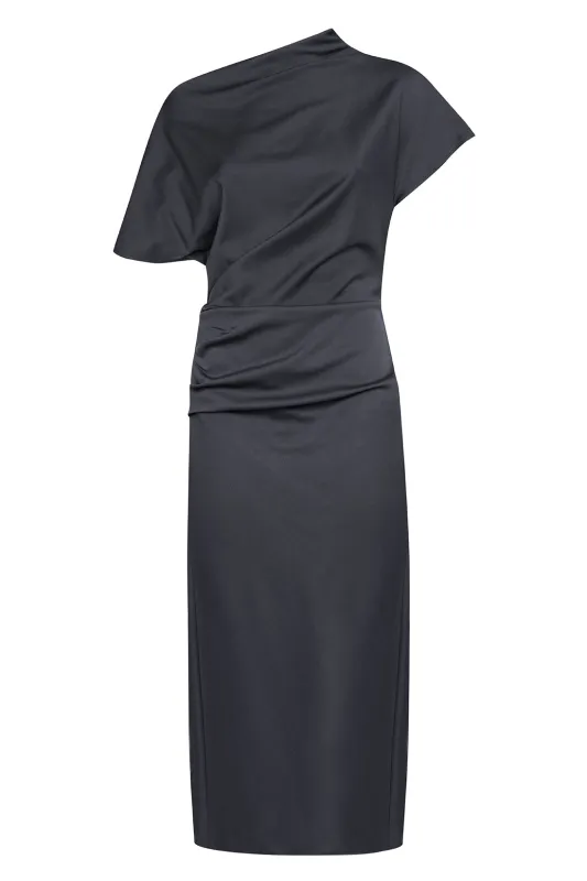 Long Dark Grey Asymmetric Dress In Technical Wool sold by Tela