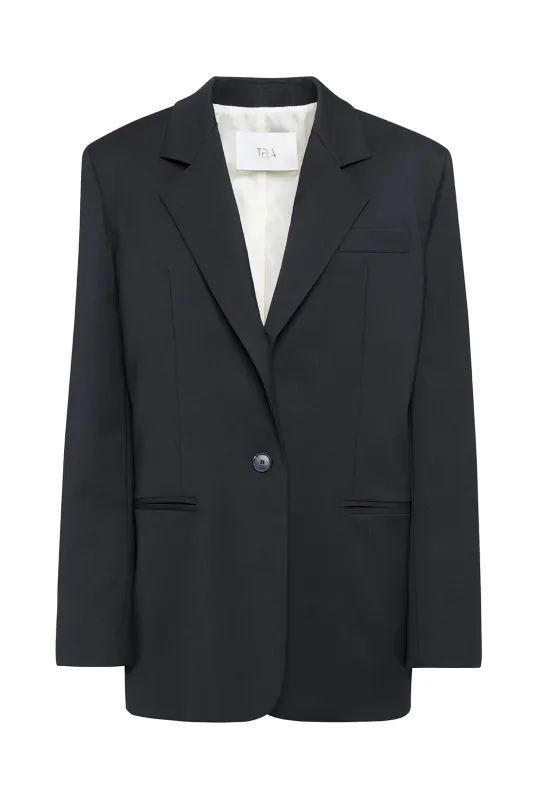 Black Tailored Single-Breasted Blazer In Technical Wool sold by Tela