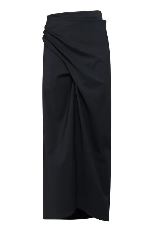 Long Black Skirt In Technical Wool With Gathered Details sold by Tela