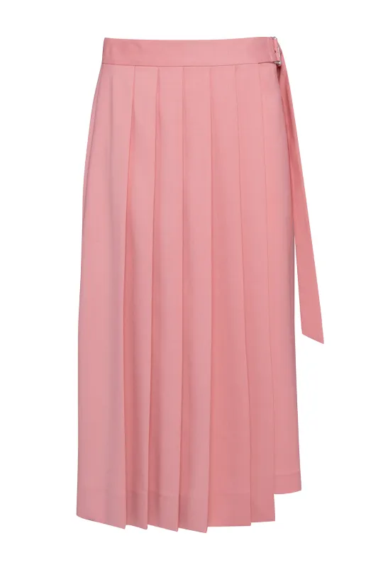 Long Pink Pleated Skirt In Technical Wool sold by Tela